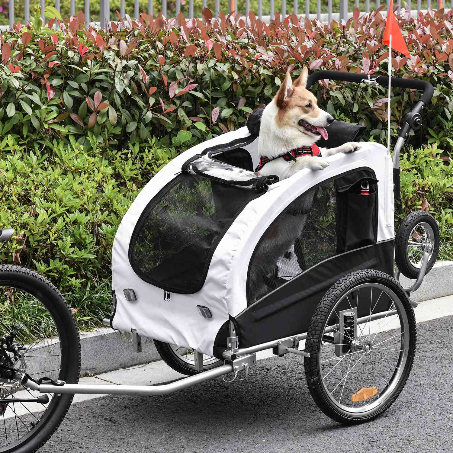 Hundcykelvagn – vit/svart, rymlig, 155 x 83 x 108 cm