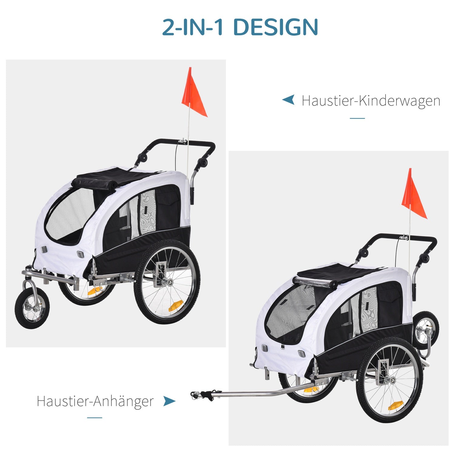 Hundcykelvagn – vit/svart, rymlig, 155 x 83 x 108 cm
