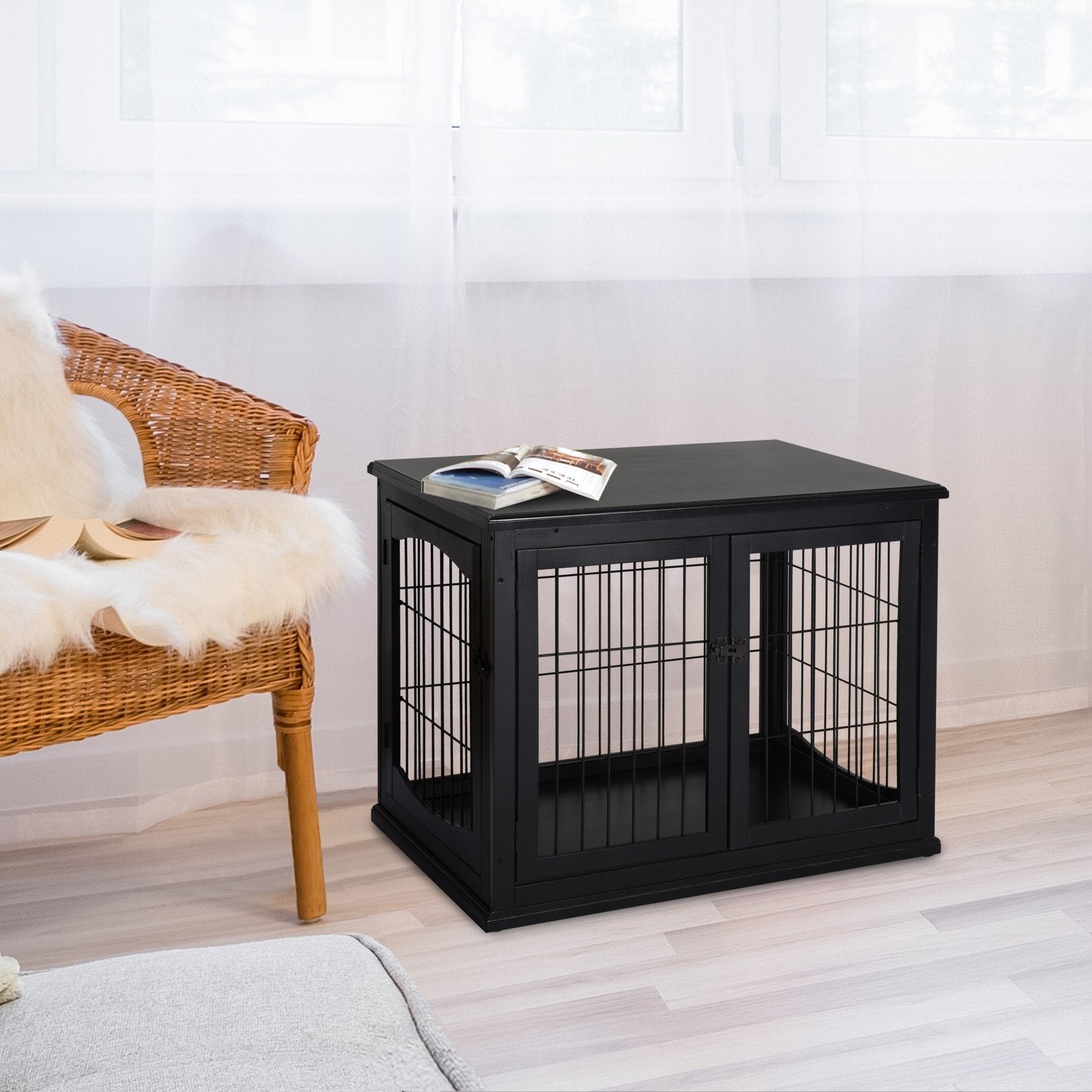 Hundhus inomhus med bordsskiva – Svart, 81x58,5x66 cm