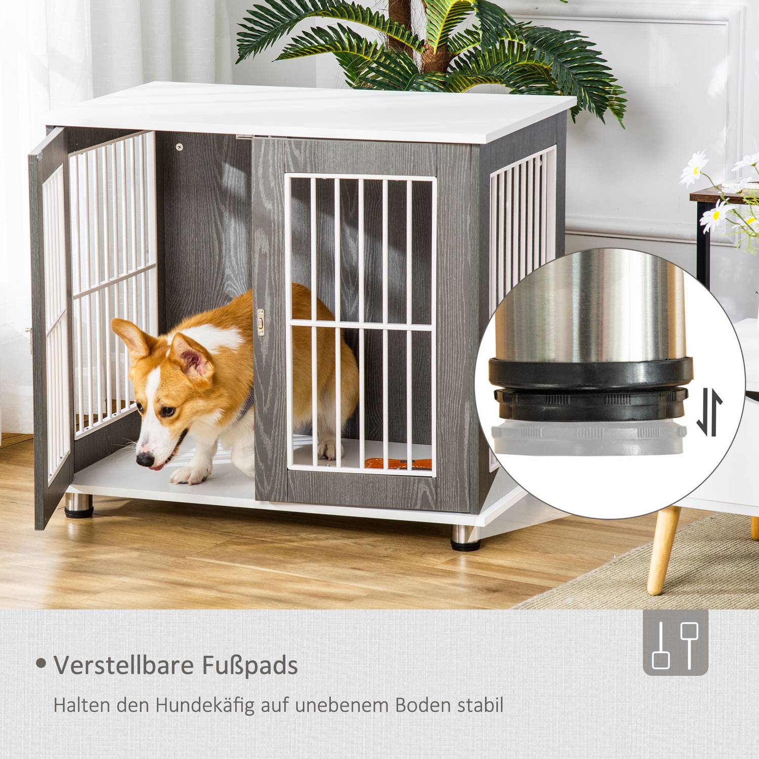 Hundkennel i trä med kudde och bordsskiva, grå/vit 85x55x75cm