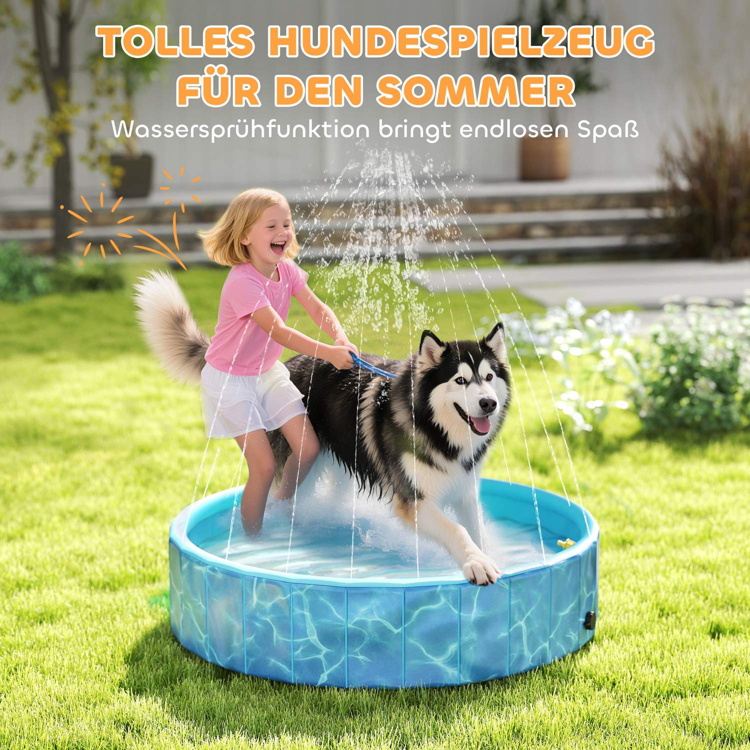 Hundpool Hopfällbar plaskdamm med fontän och vattenkuddedesign Ø120 x 30 cm Blå