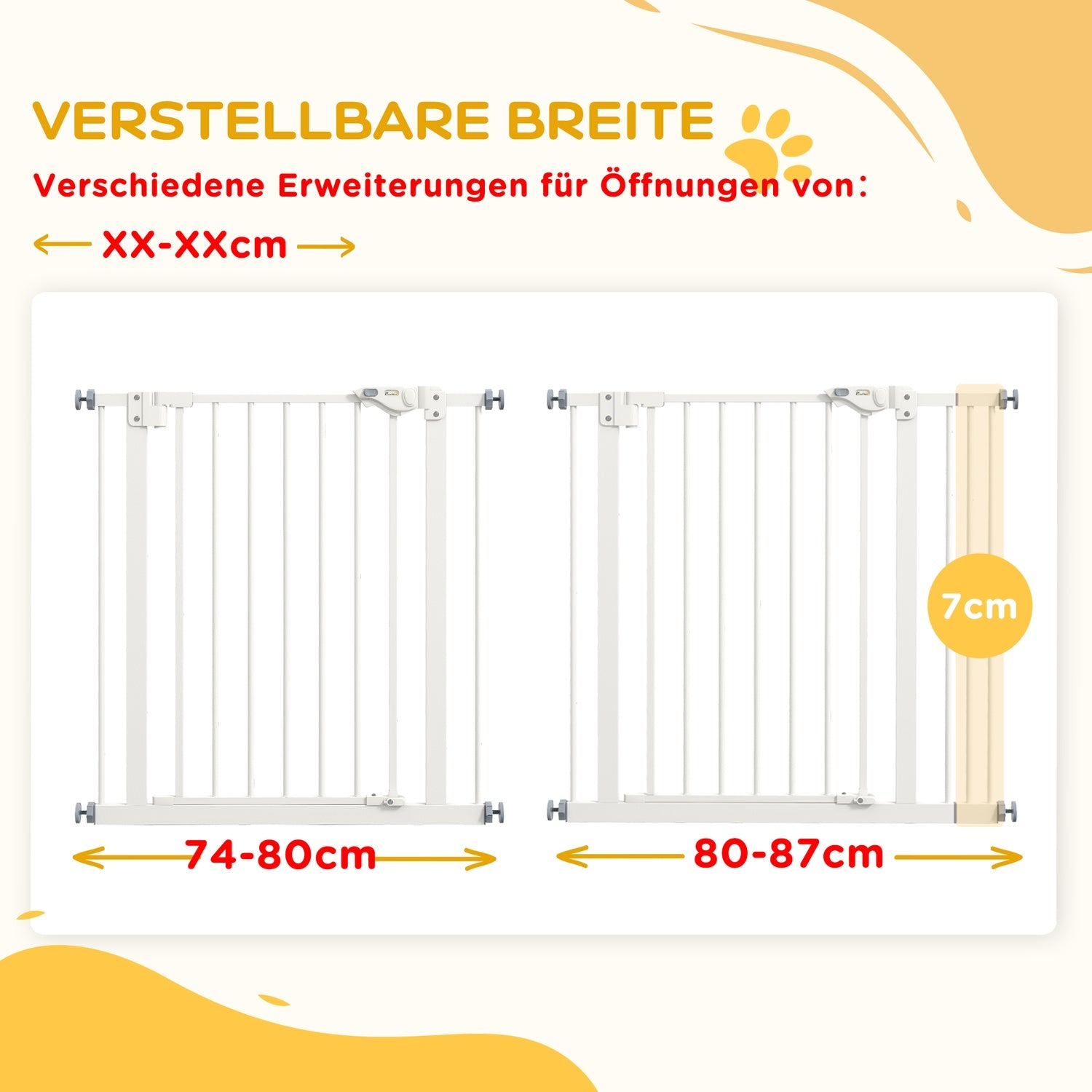 Bezvrtací bezpečnostní branka pro psy, 74-87cm, schodišťová zábrana, bílá