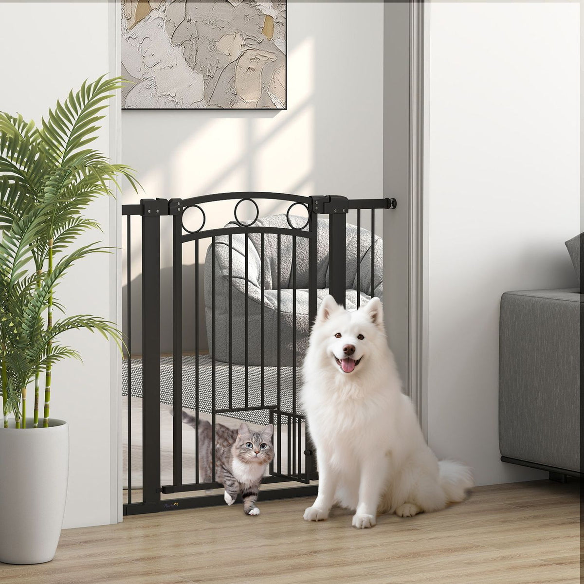 Bezpečnostní branka pro domácí mazlíčky, 96 cm, nastavitelná 76–104 cm, dvířka pro kočky, černá
