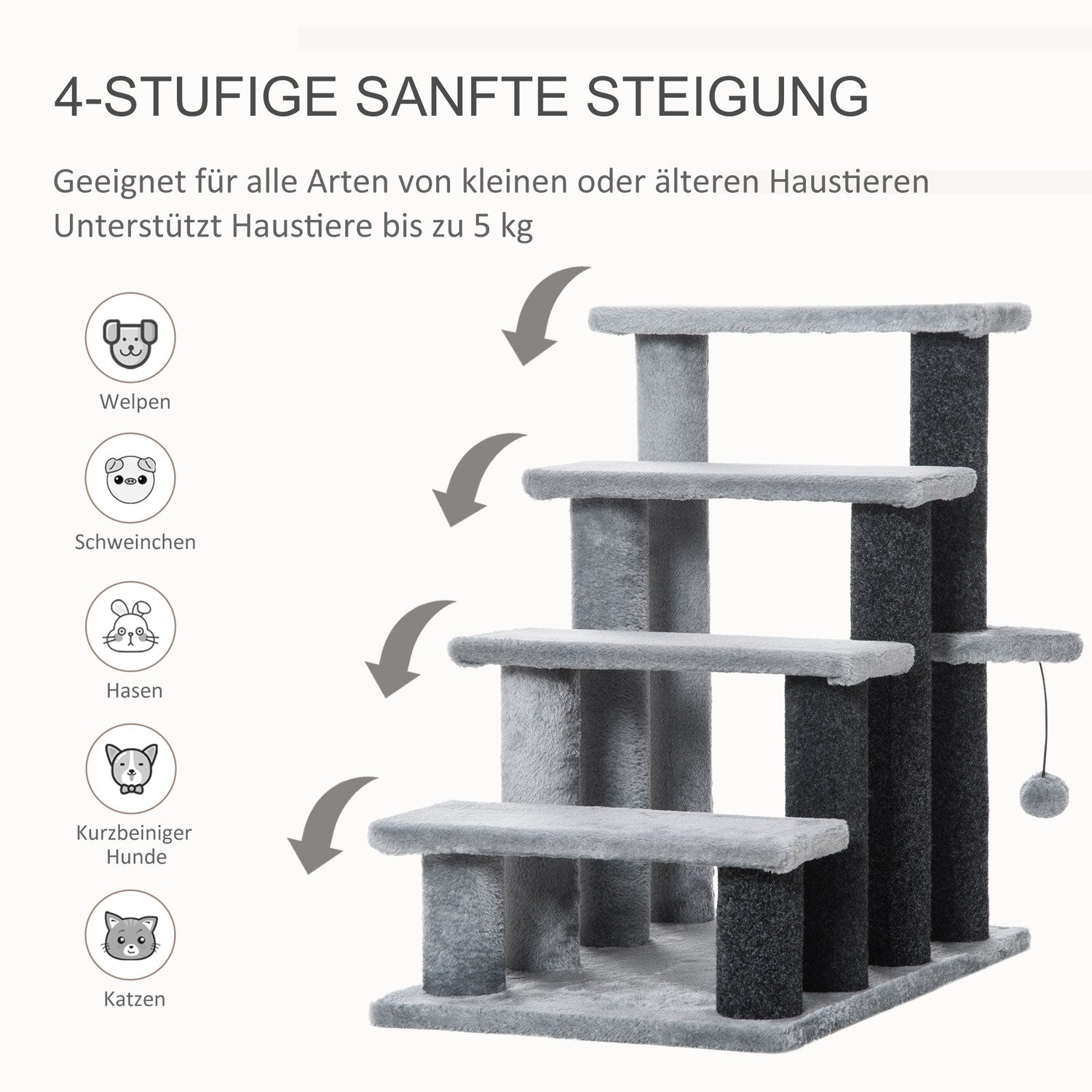 Husdjurssteg med skrapstolpe, 4-stegs grå, 60x40x64 cm