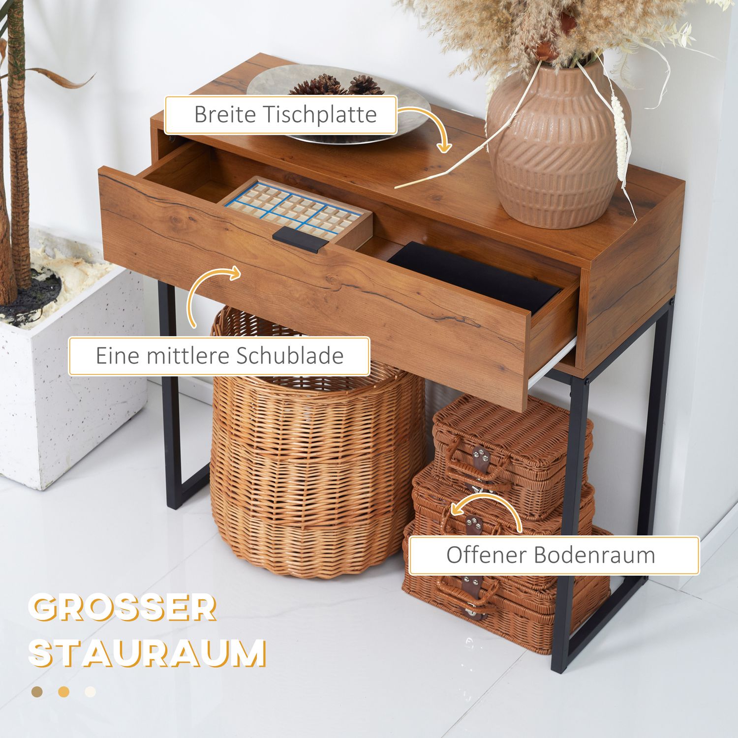 Industriell konsolbord med låda – Stål & Natur, 80x30x76 cm