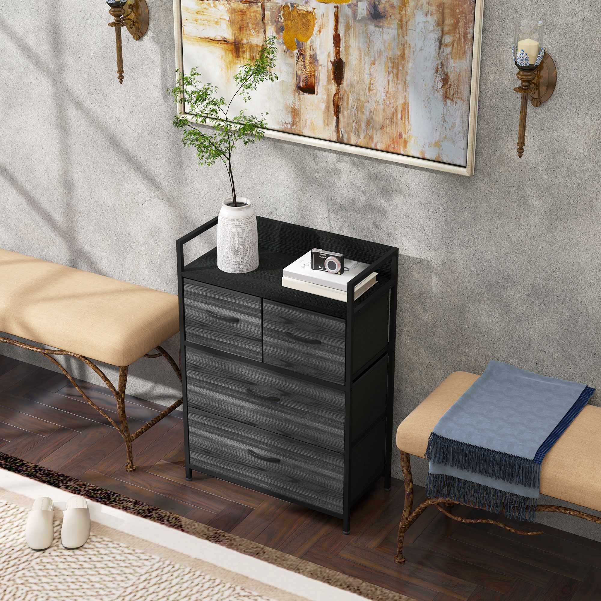 Industriellt skänk med 4 tyglådor, svart, 60x29x85cm