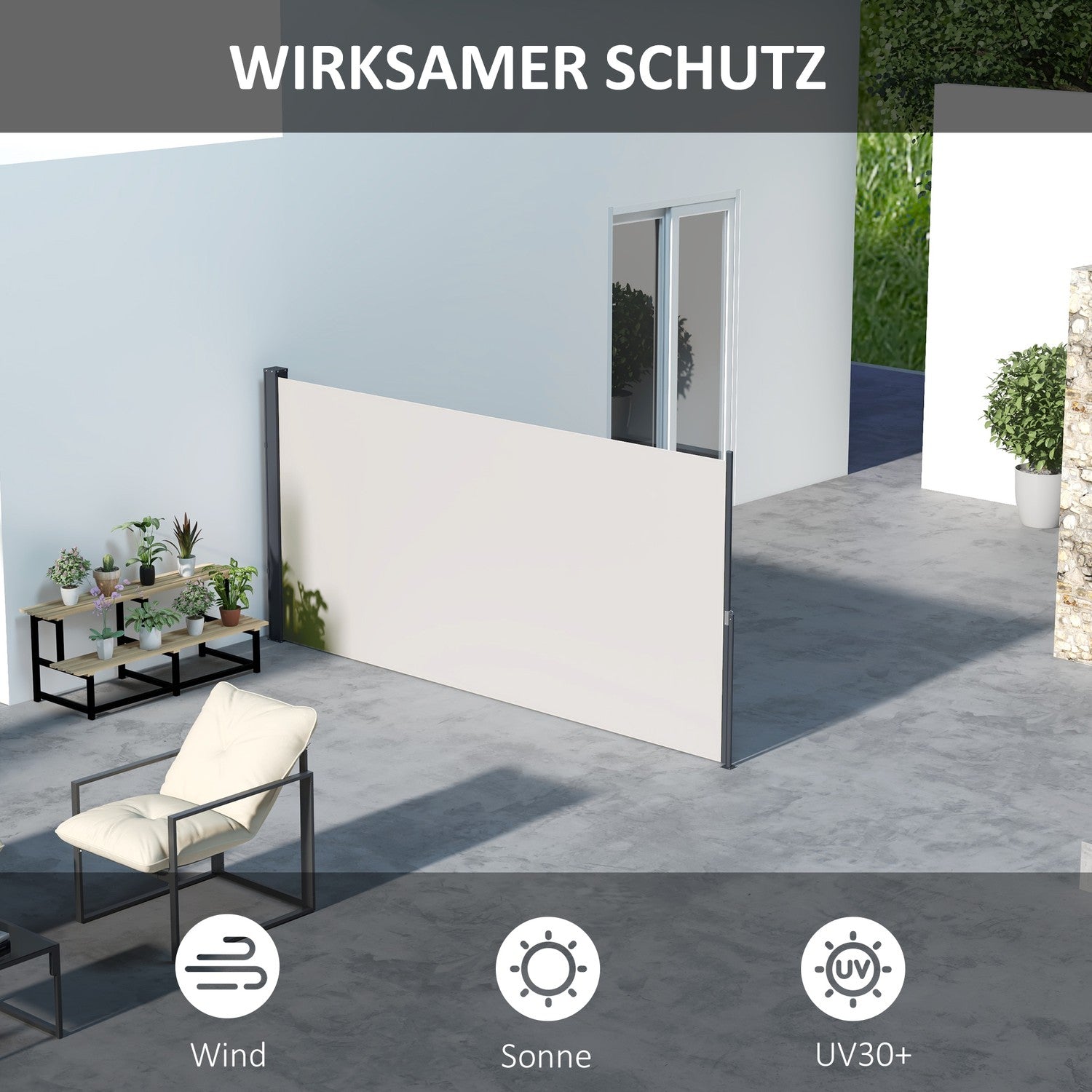 Stahovací markýza pro soukromí, 300x140cm, ochrana proti UV záření a větru