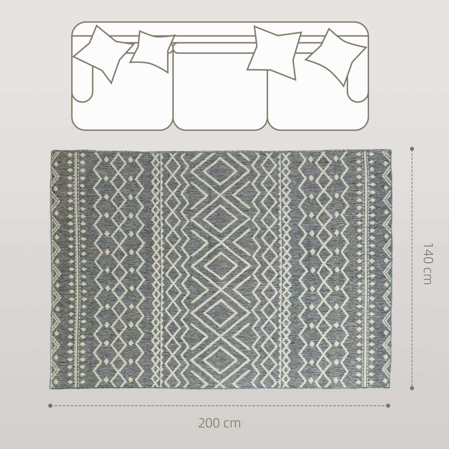 Inomhus/Outdoor Boho Matta, Easy Clean, Grå, 200x140 cm