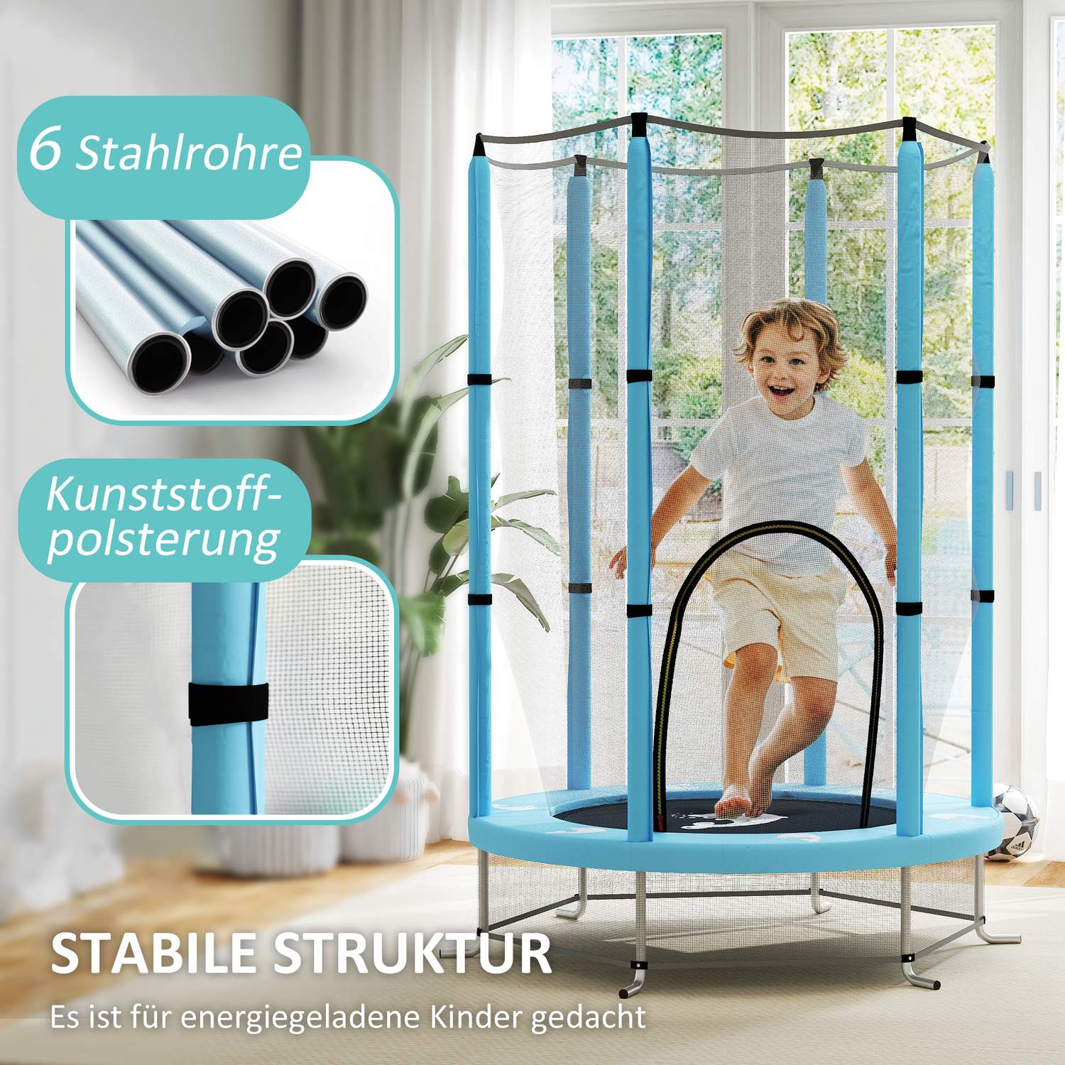 Dětská trampolína do interiéru, Ø140 cm – ochranná síť, vchod na zip