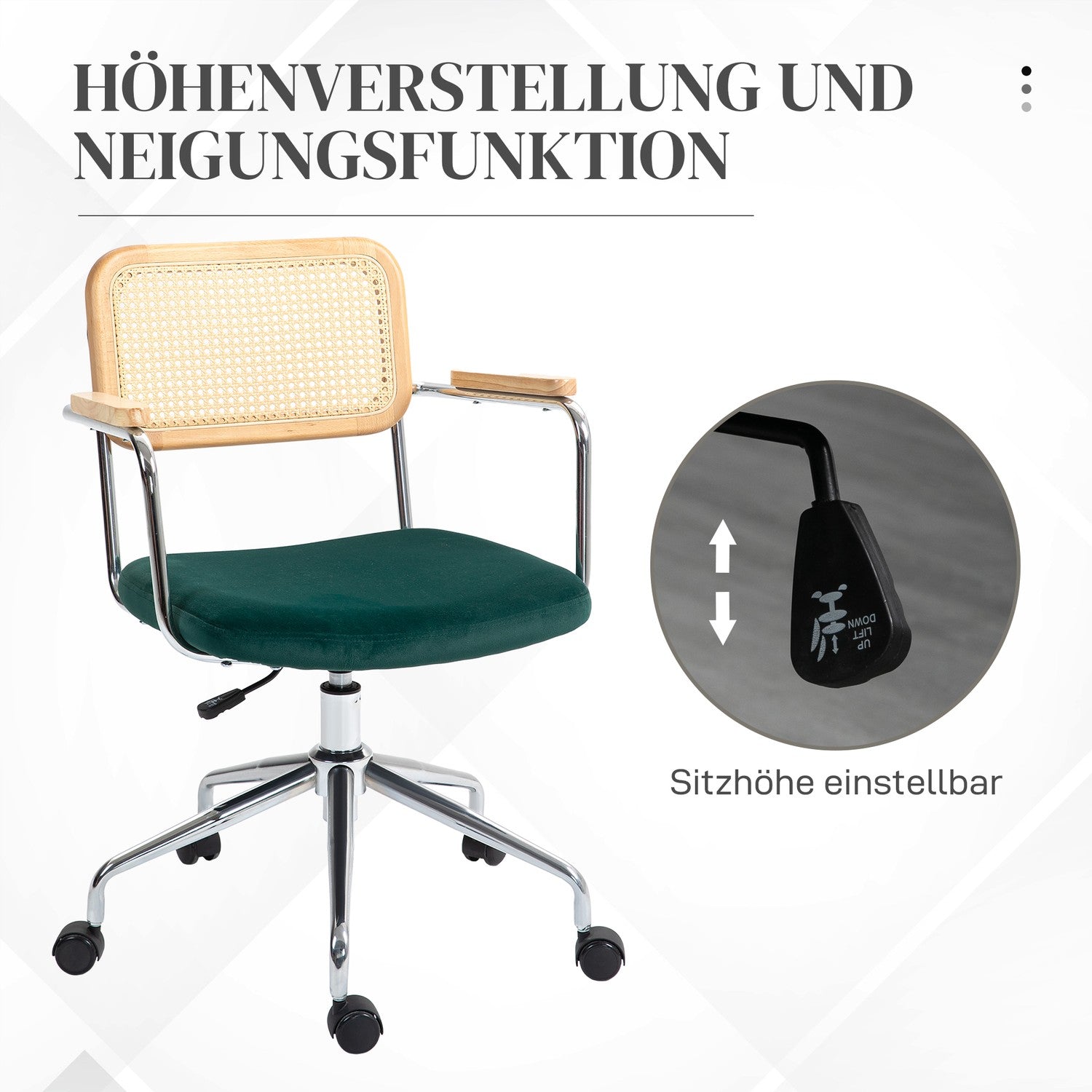 Nastavitelné boho kancelářské křeslo s područkami, zelené, otočné