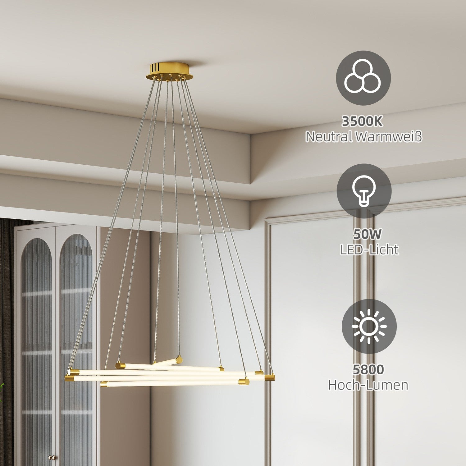 Justerbar LED-taklampa, 50W, 5 rör, guld/vit