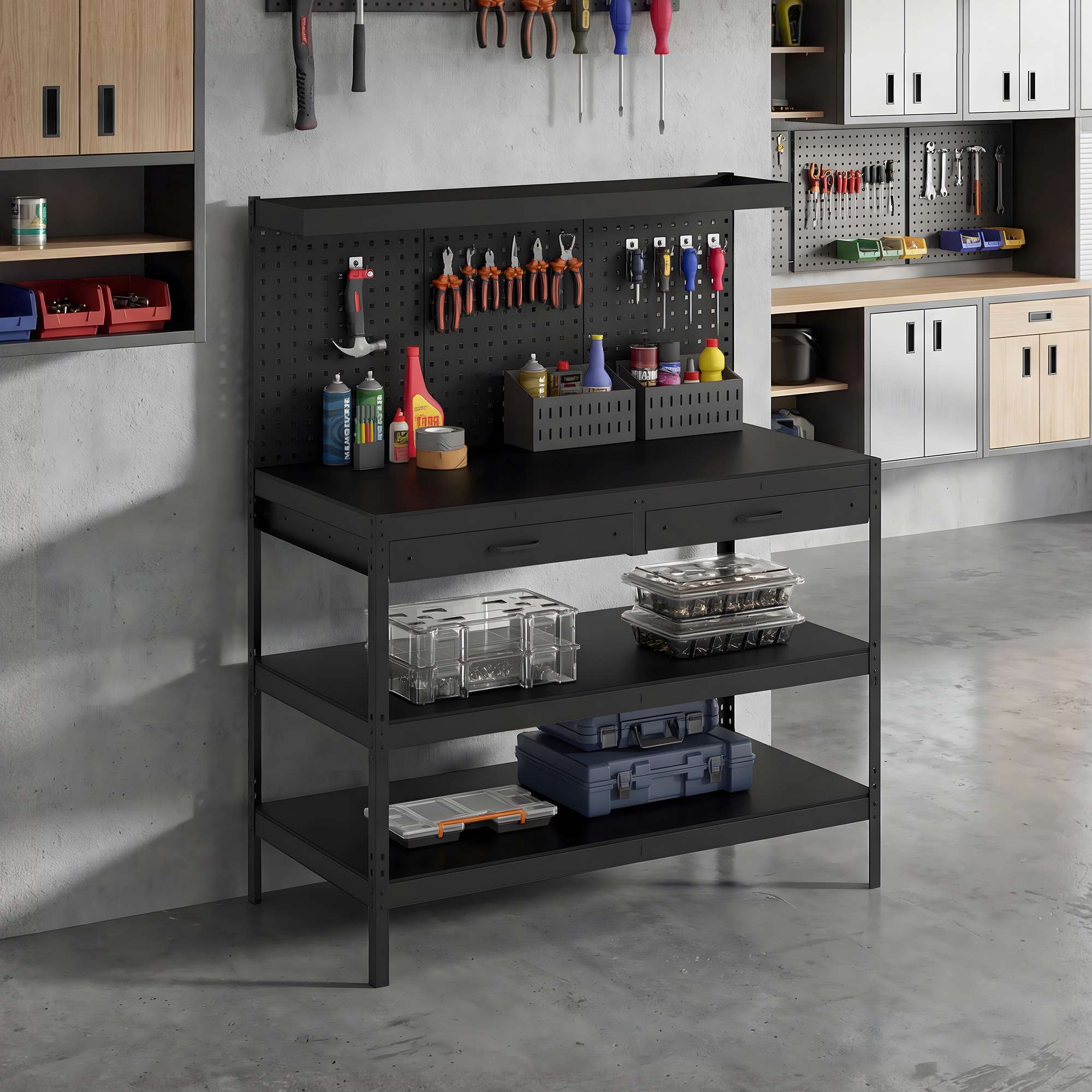 Justerbar arbetsbänk med hylsplatta och hyllplan, svart, 122x61x156 cm