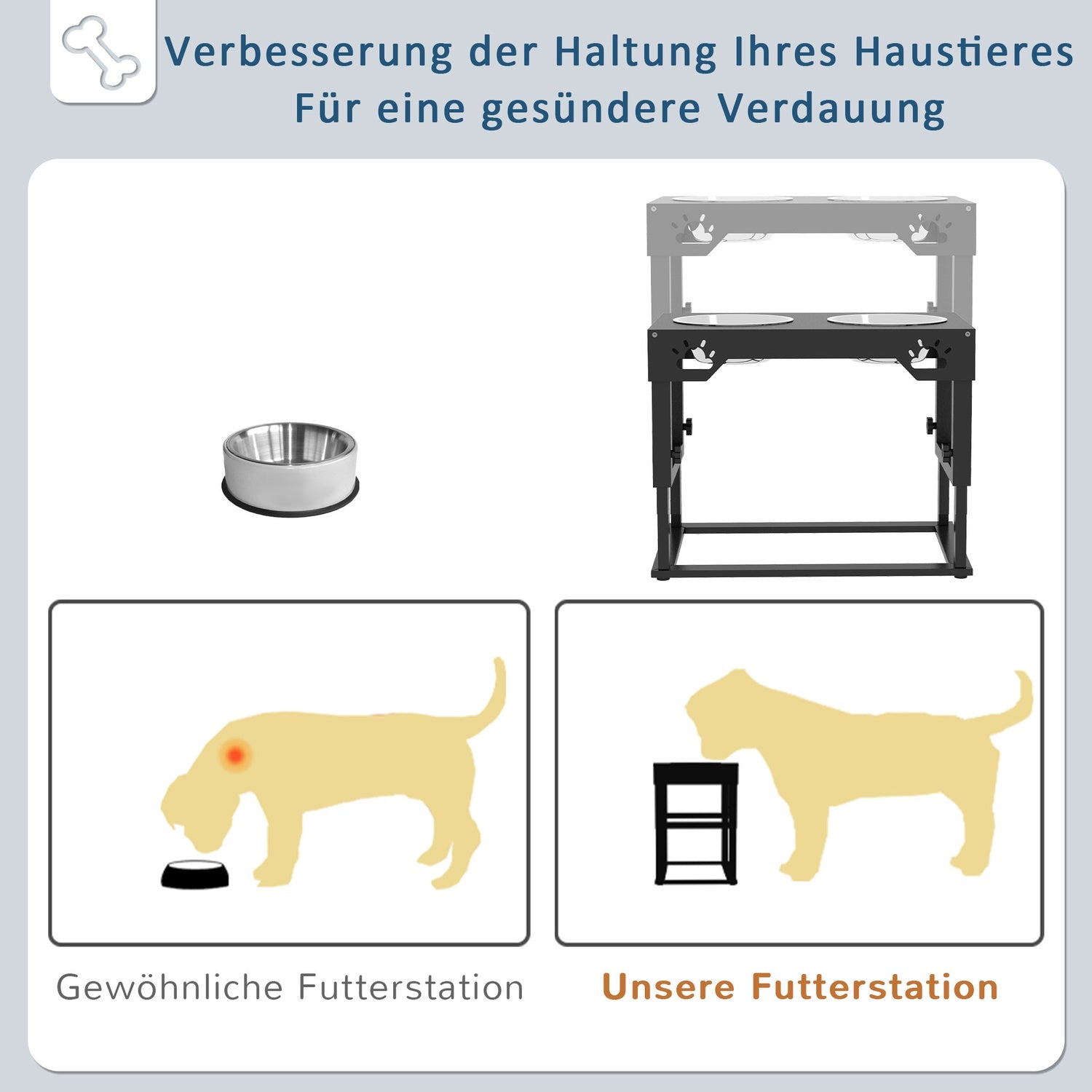 Justerbar förhöjd hundmatningsstation, svarta rostfria skålar