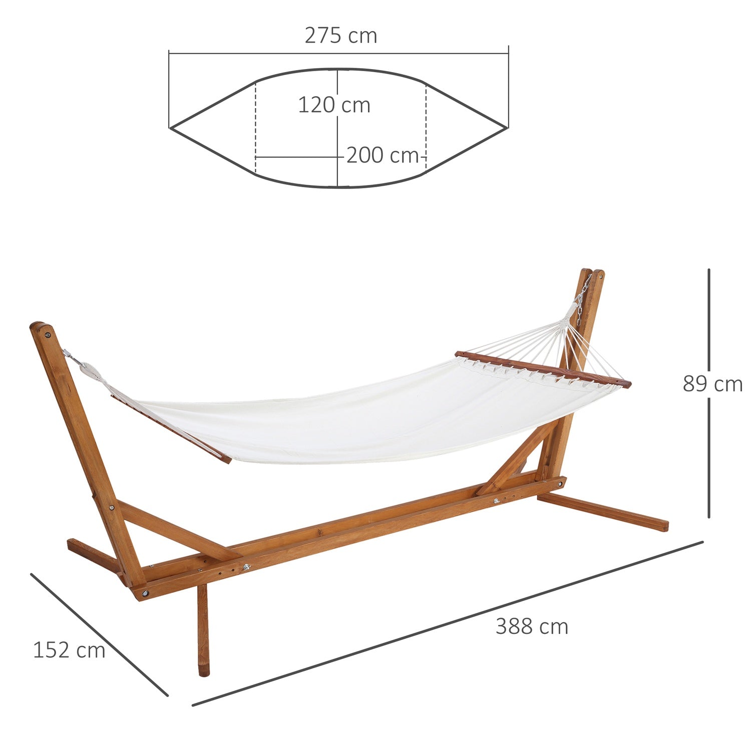 Justerbar hängmatta i furu med ram, krämvit 388cm