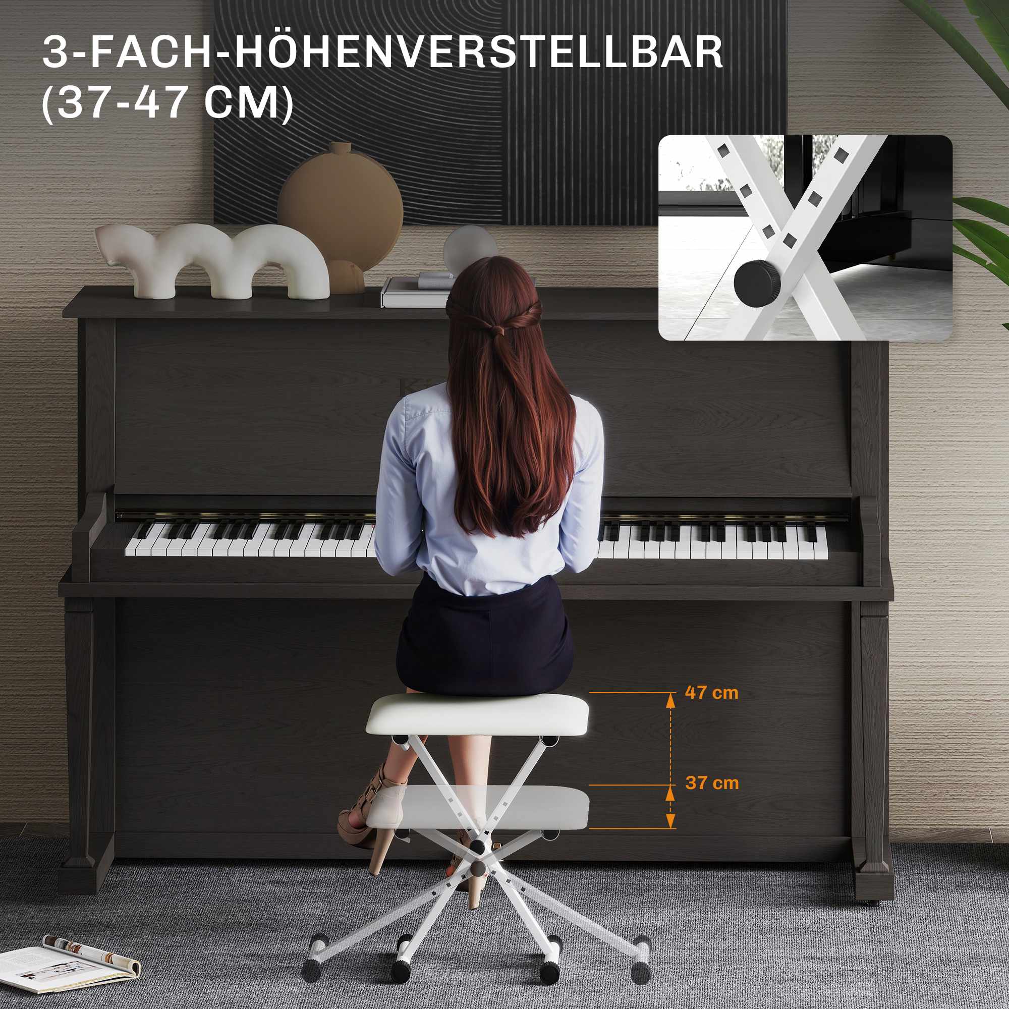 Justerbar hopfällbar pianobänk med X-frame och dyna i konstläder
