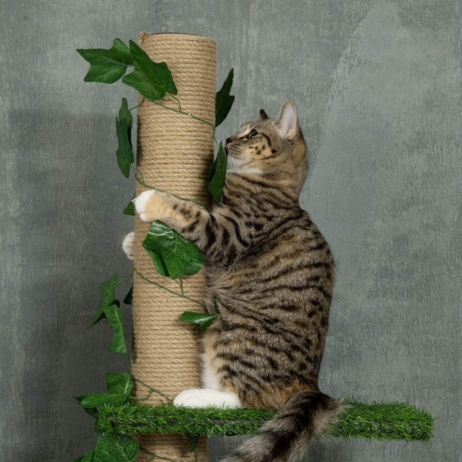 Justerbar jute kattträd, takhöjd 202-242 cm, grön/gul