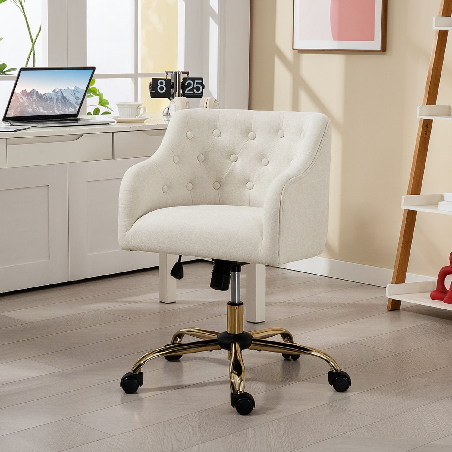 Justerbar kontorsstol i linnestil, beige med guldben
