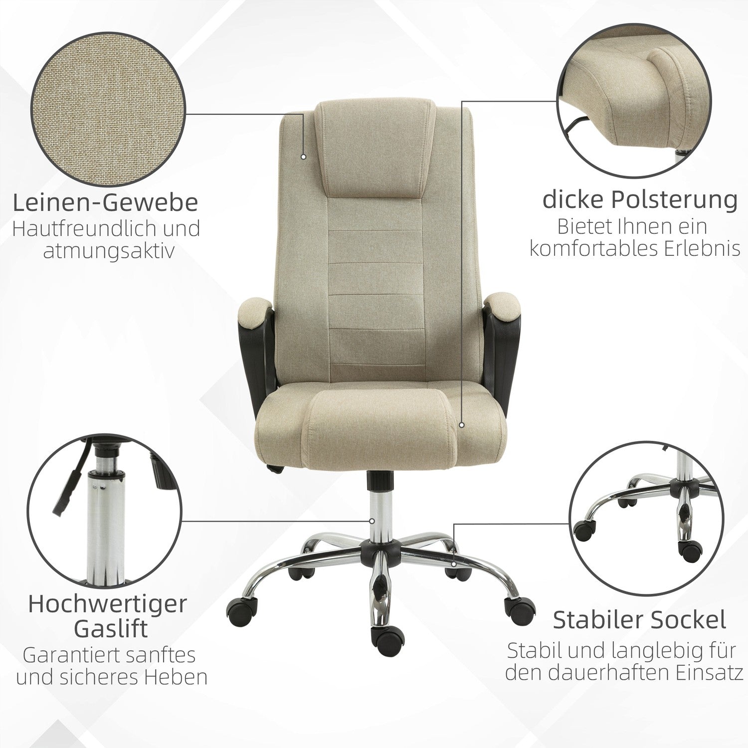 Justerbar kontorsstol, linnelook, beige, vridbar, 5 hjul