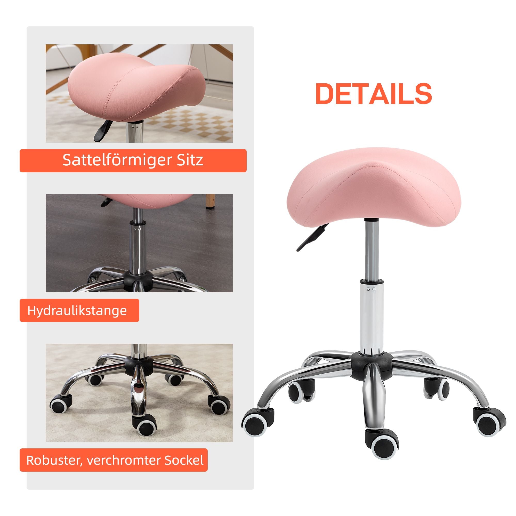 Justerbar rullpall, 360 graders vridbar, rosa, 49-61 cm