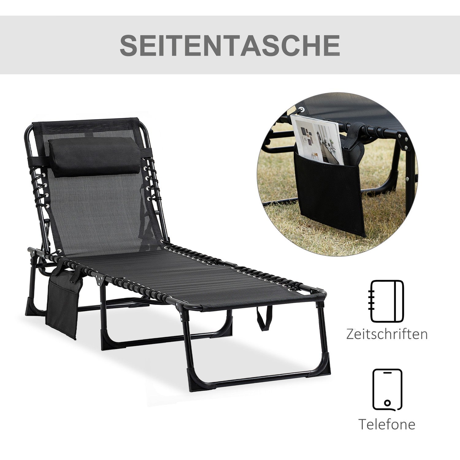 Justerbar schäslong – hopfällbar solstol, svart