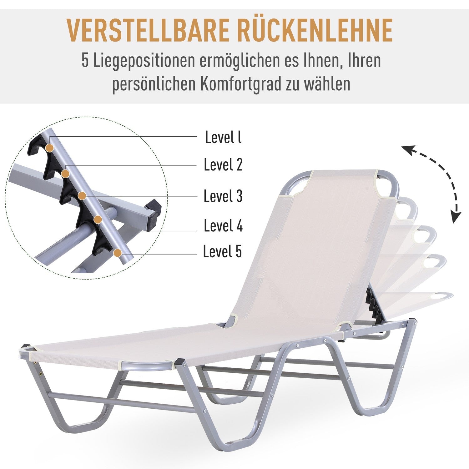 Justerbar solstol i aluminium, Beige 163x58,5x91 Cm
