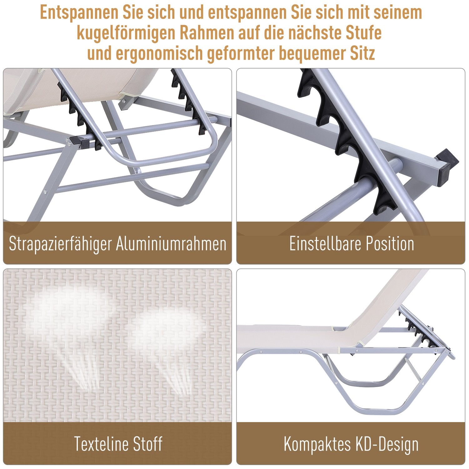 Justerbar solstol i aluminium, Beige 163x58,5x91 Cm