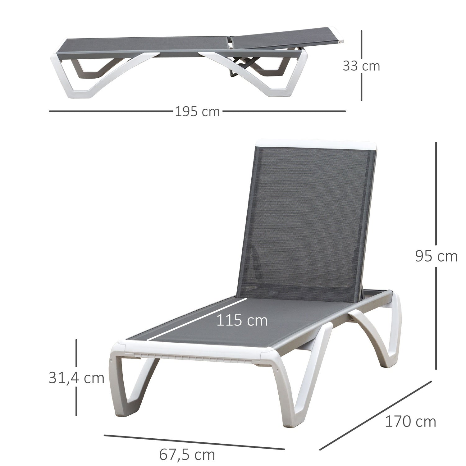 Justerbar solstol i aluminium – Ergonomisk grå/vit