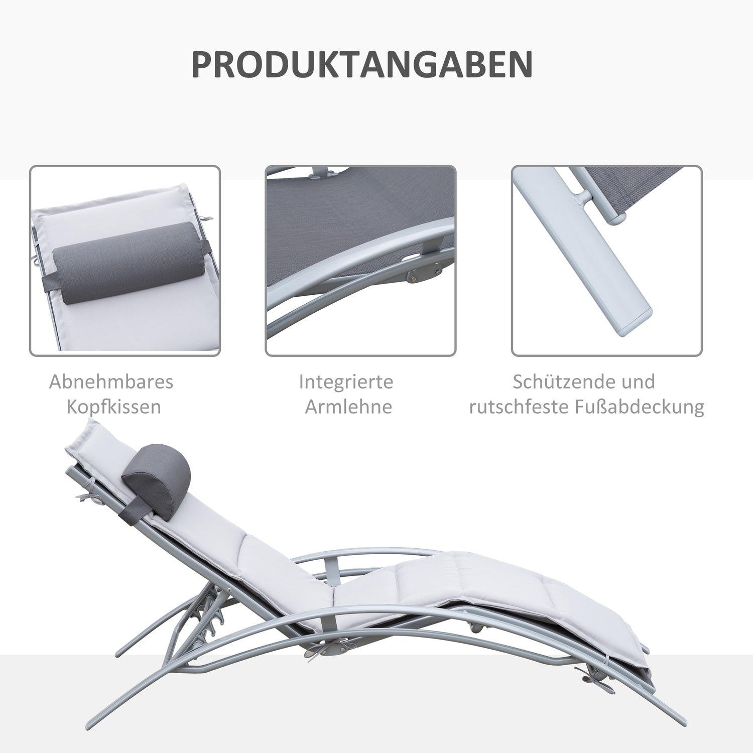 Justerbar solstol i aluminium – Grå, 170 x 64 x 82 cm