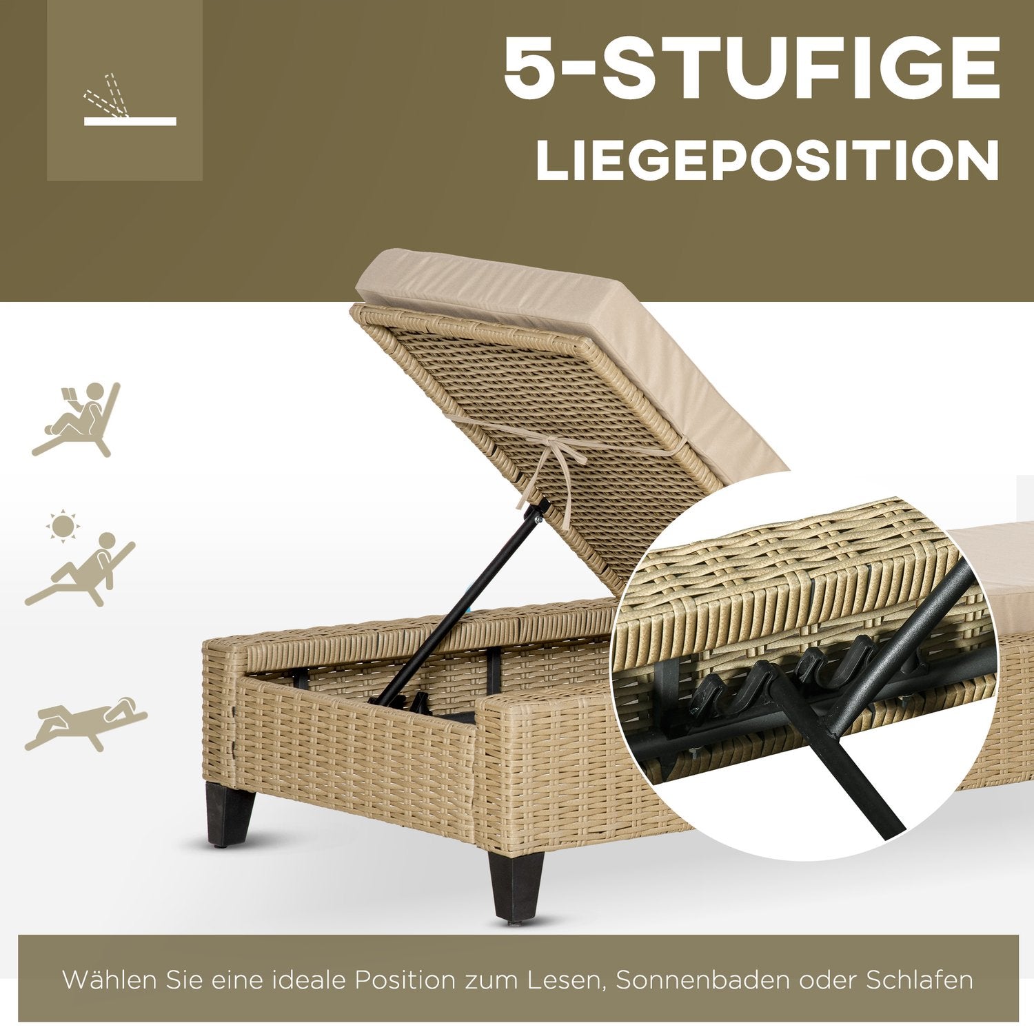 Justerbar solstol i polyrattan med kuddar – Khaki