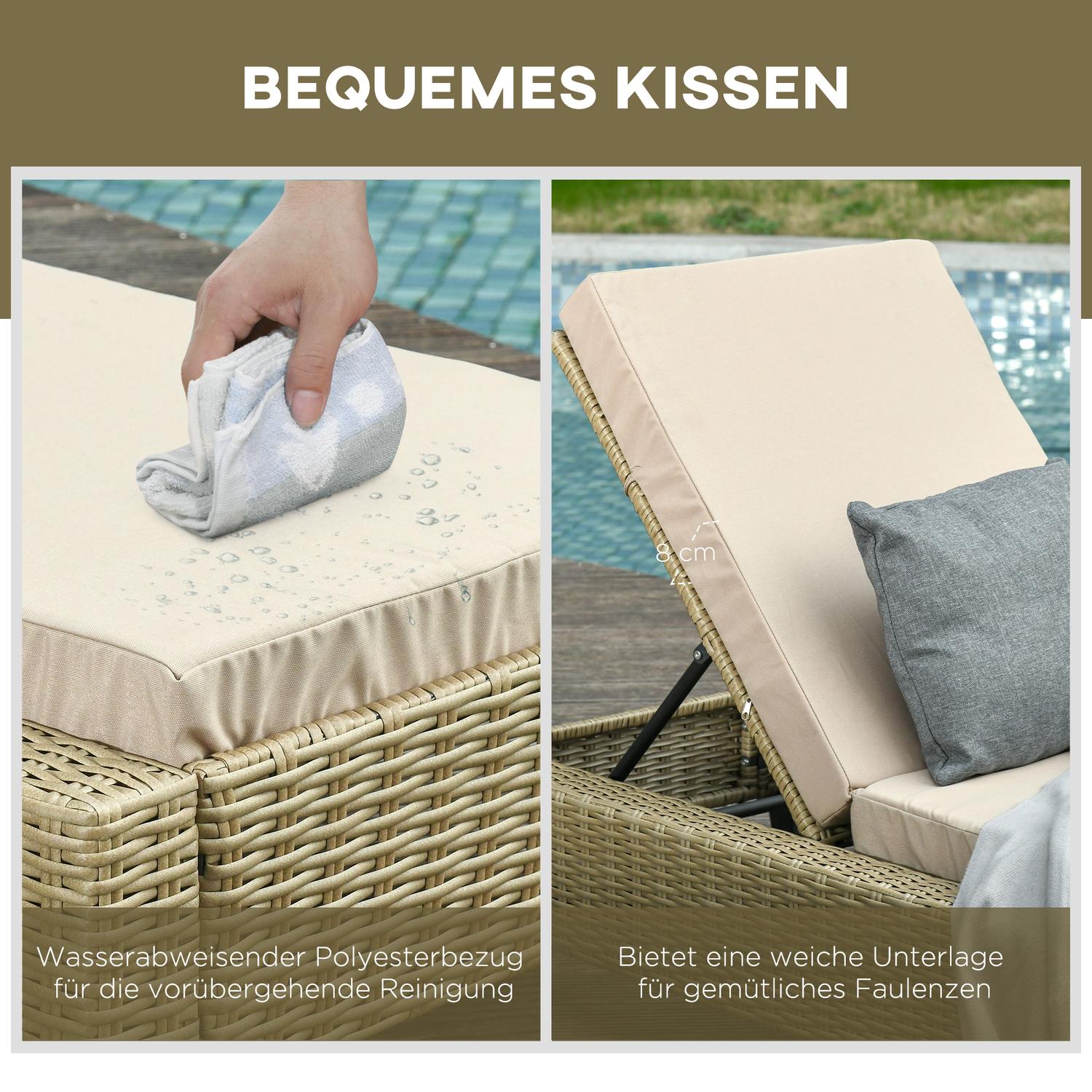 Justerbar solstol i polyrattan med kuddar – Khaki