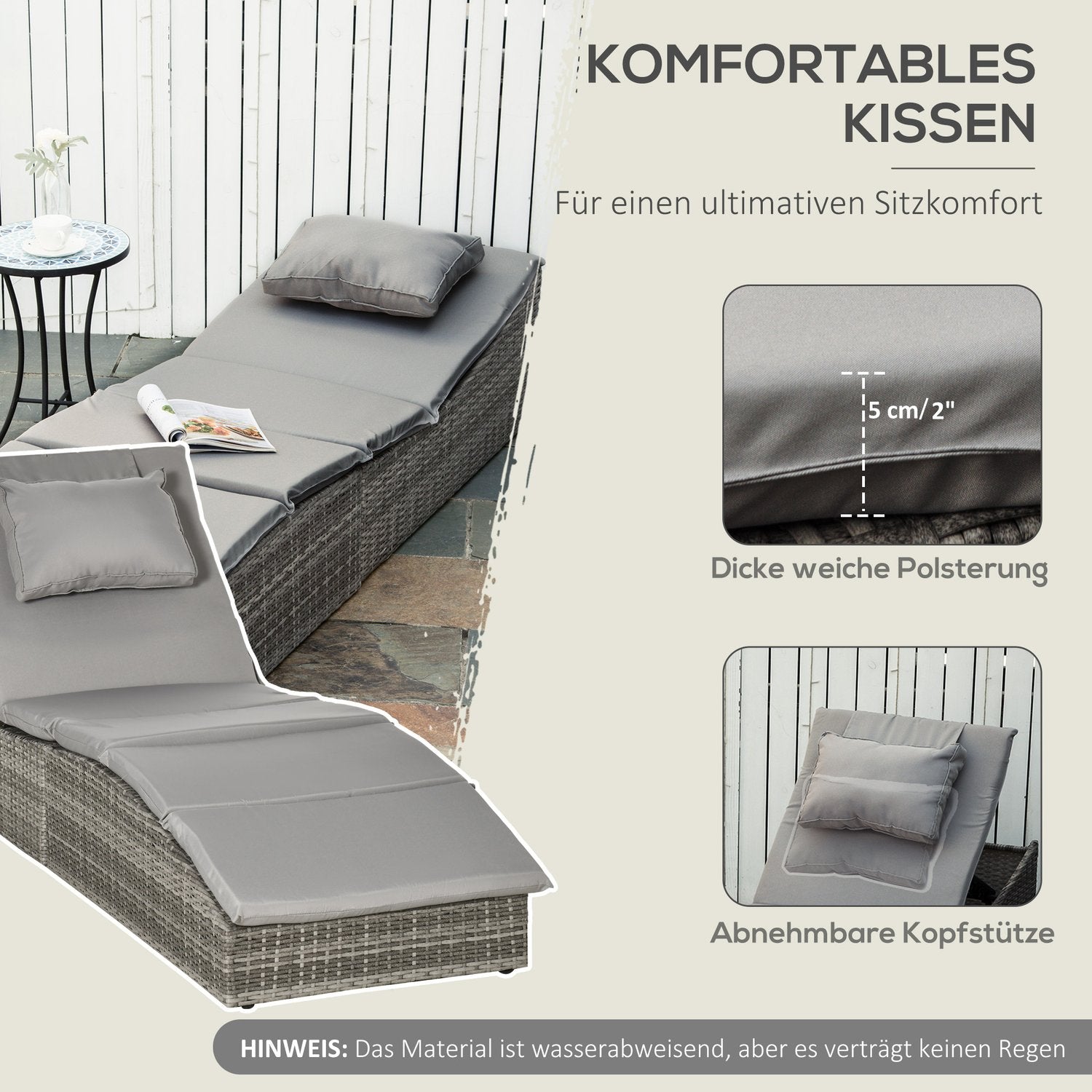 Justerbar solstol i polyrattan med kudde, hopfällbar 2-i-1-design