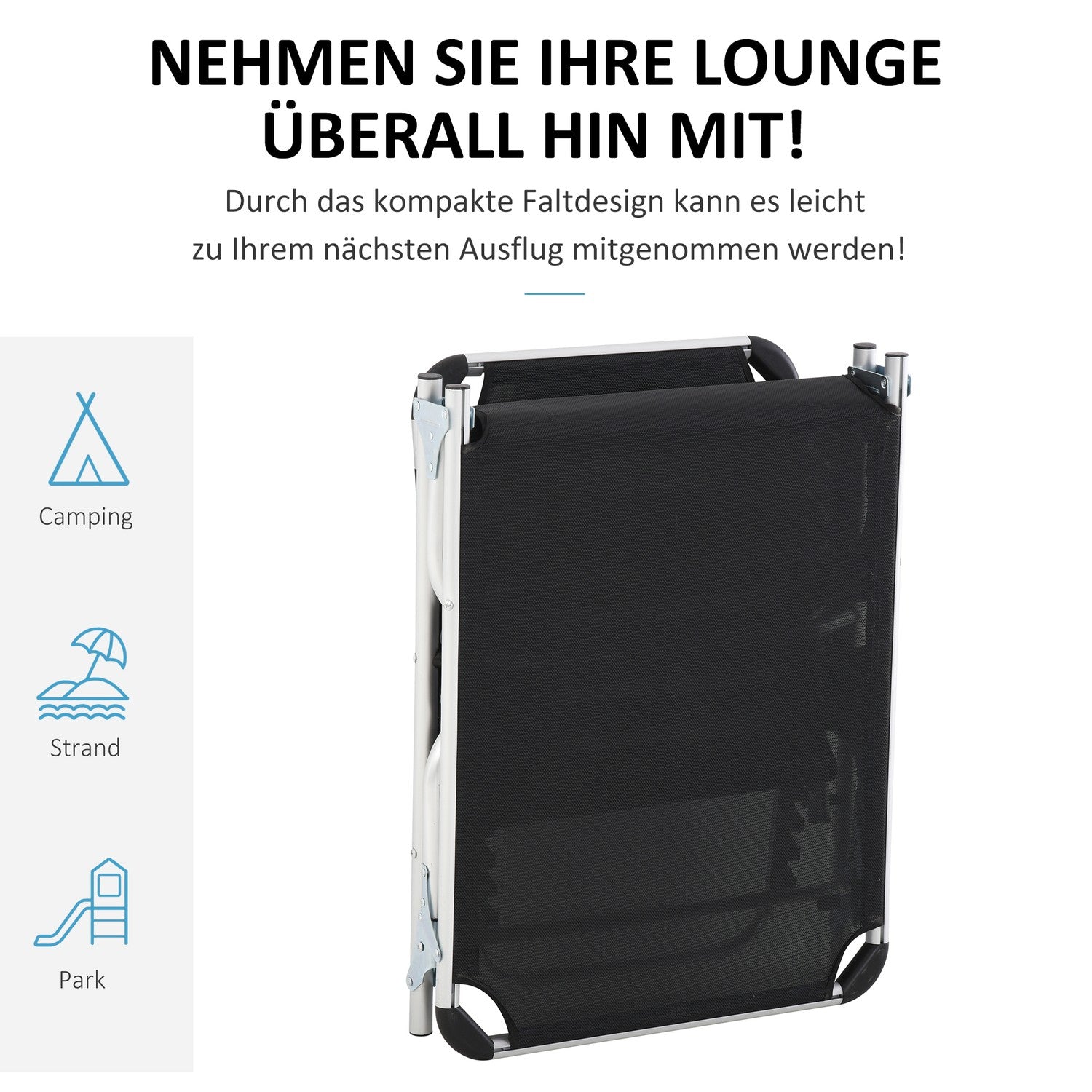 Justerbar solstol i svart mesh, ergonomisk och hopfällbar