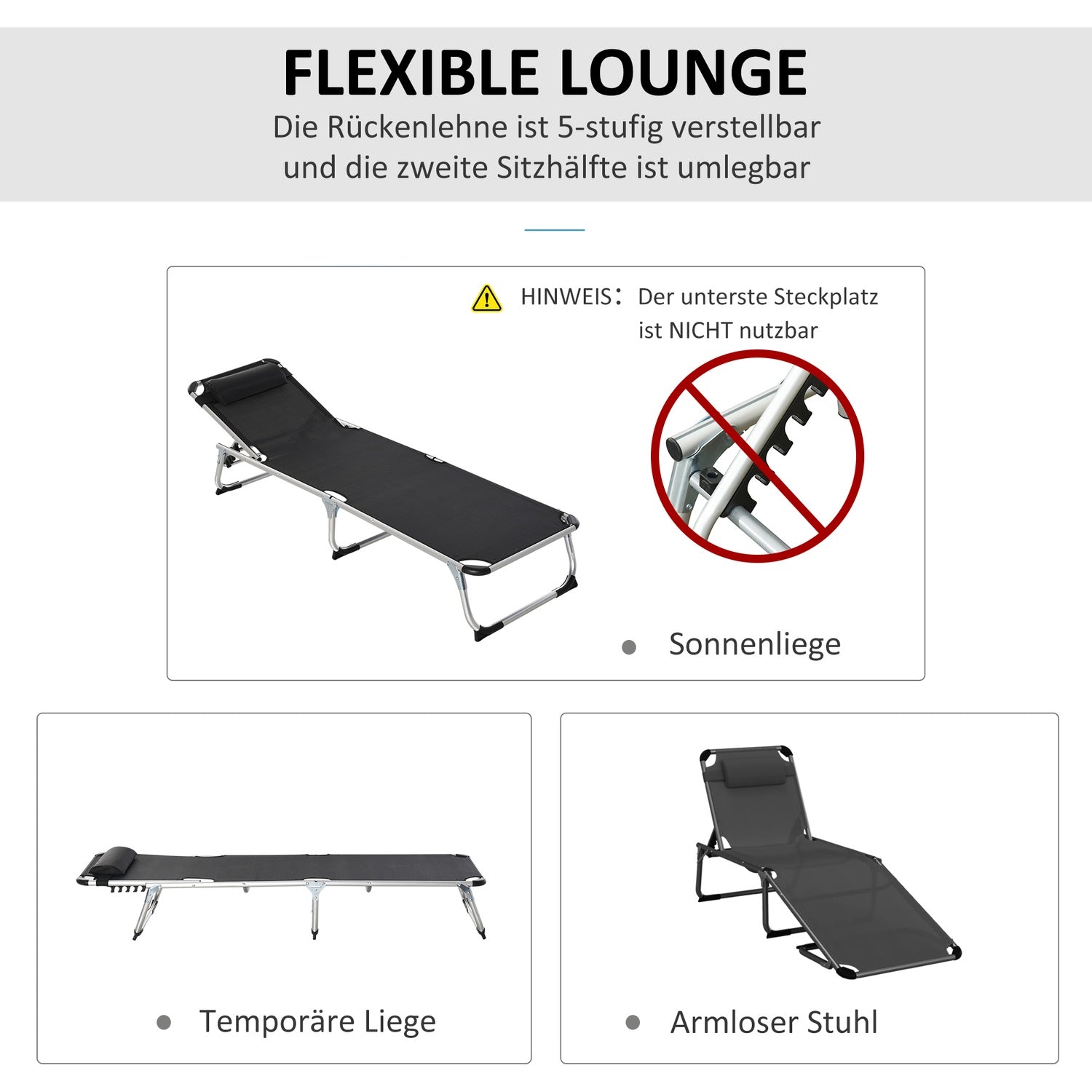 Justerbar solstol i svart mesh, ergonomisk och hopfällbar