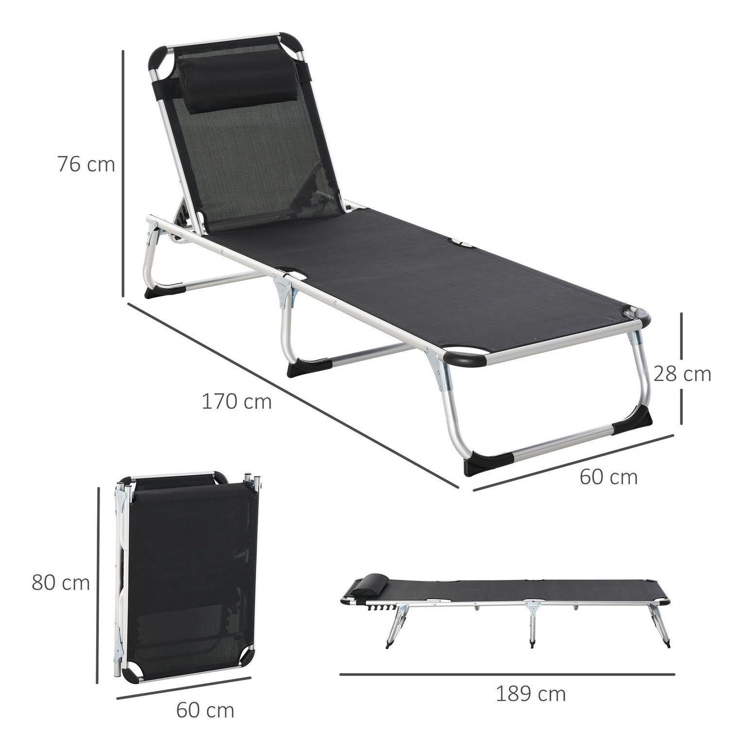 Justerbar solstol i svart mesh, ergonomisk och hopfällbar