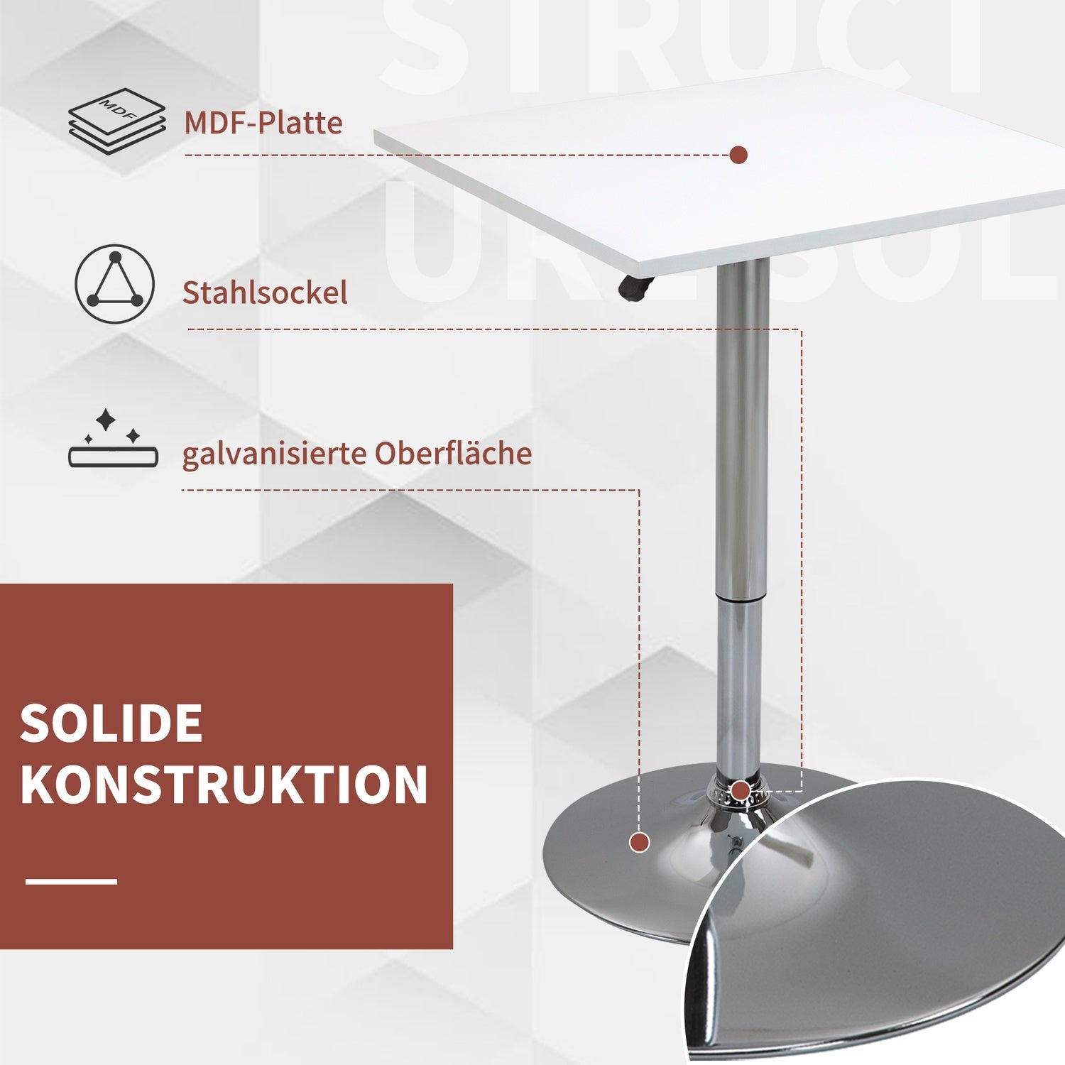 Justerbart Barbord – Fyrkantigt, 69-91 cm, Vit/Silver