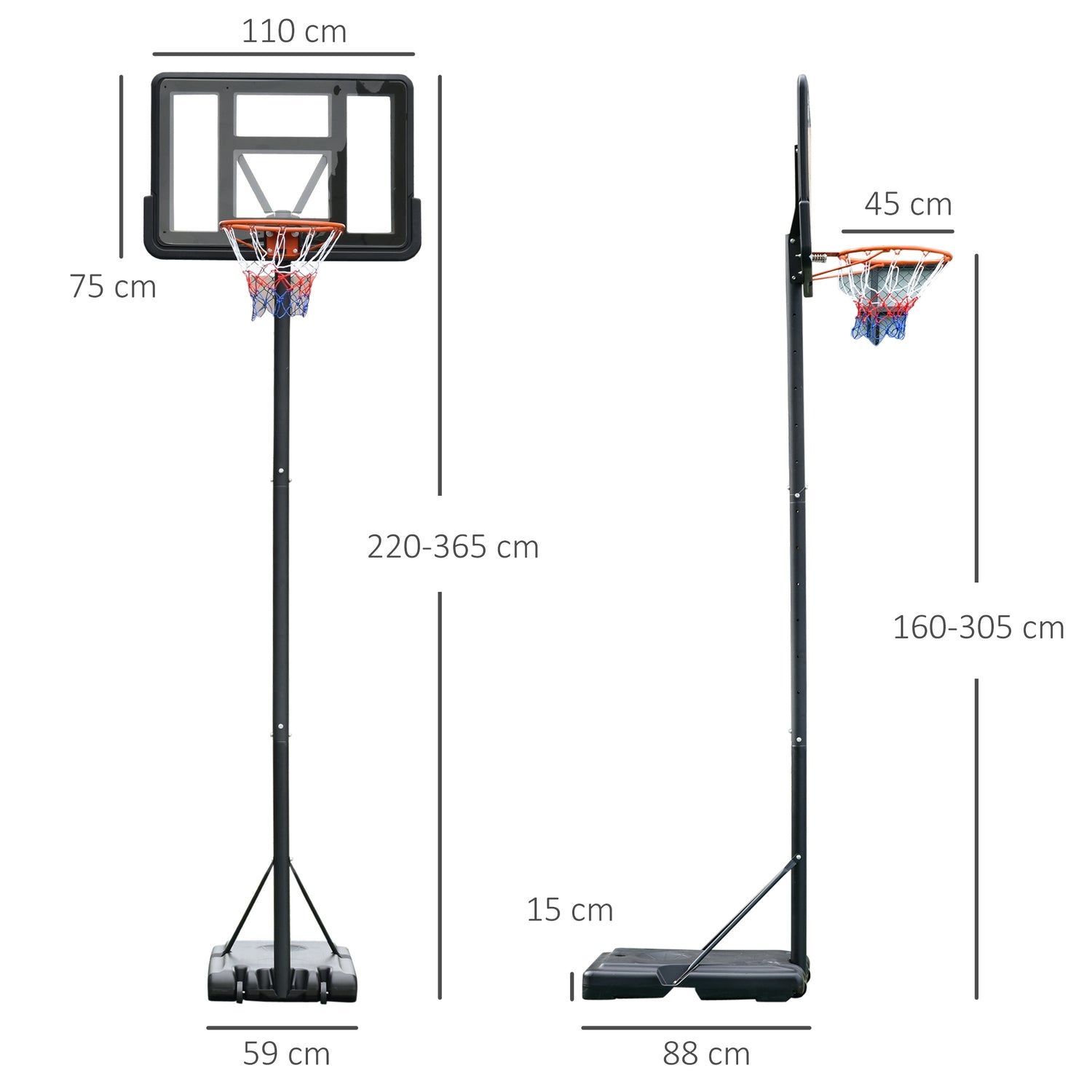 Justerbart bärbart basketställ med hjul för inomhus- och utomhusbruk