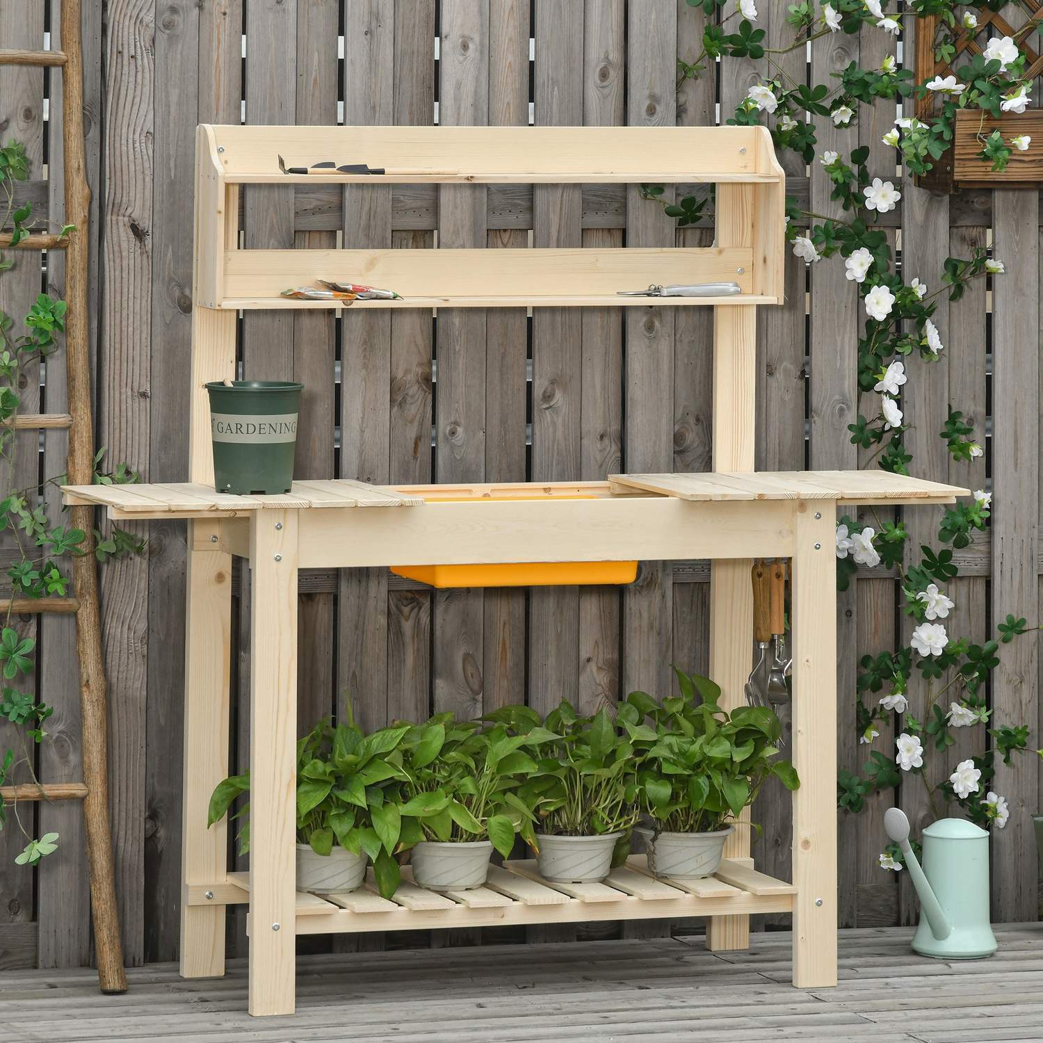 Justerbart granträ trädgårdsbord med krokar – 100x40x140 cm
