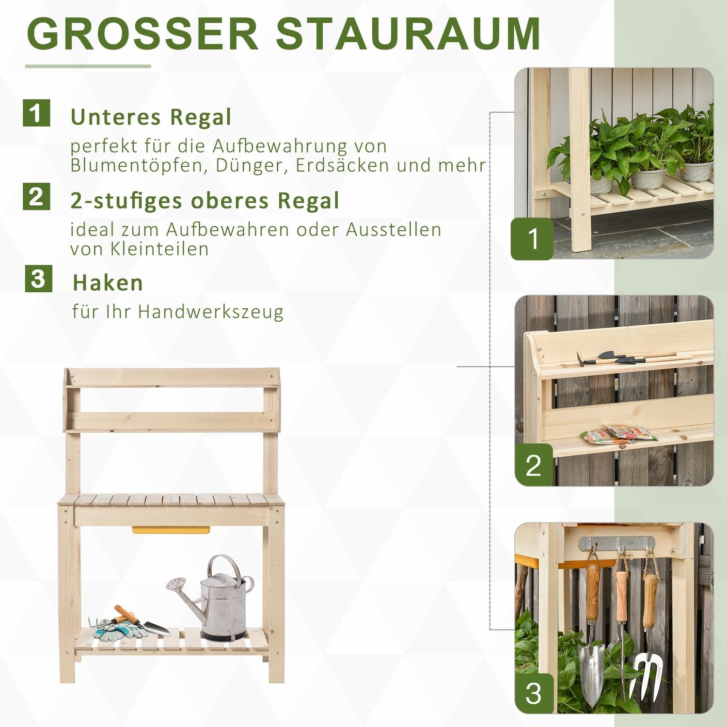 Justerbart granträ trädgårdsbord med krokar – 100x40x140 cm