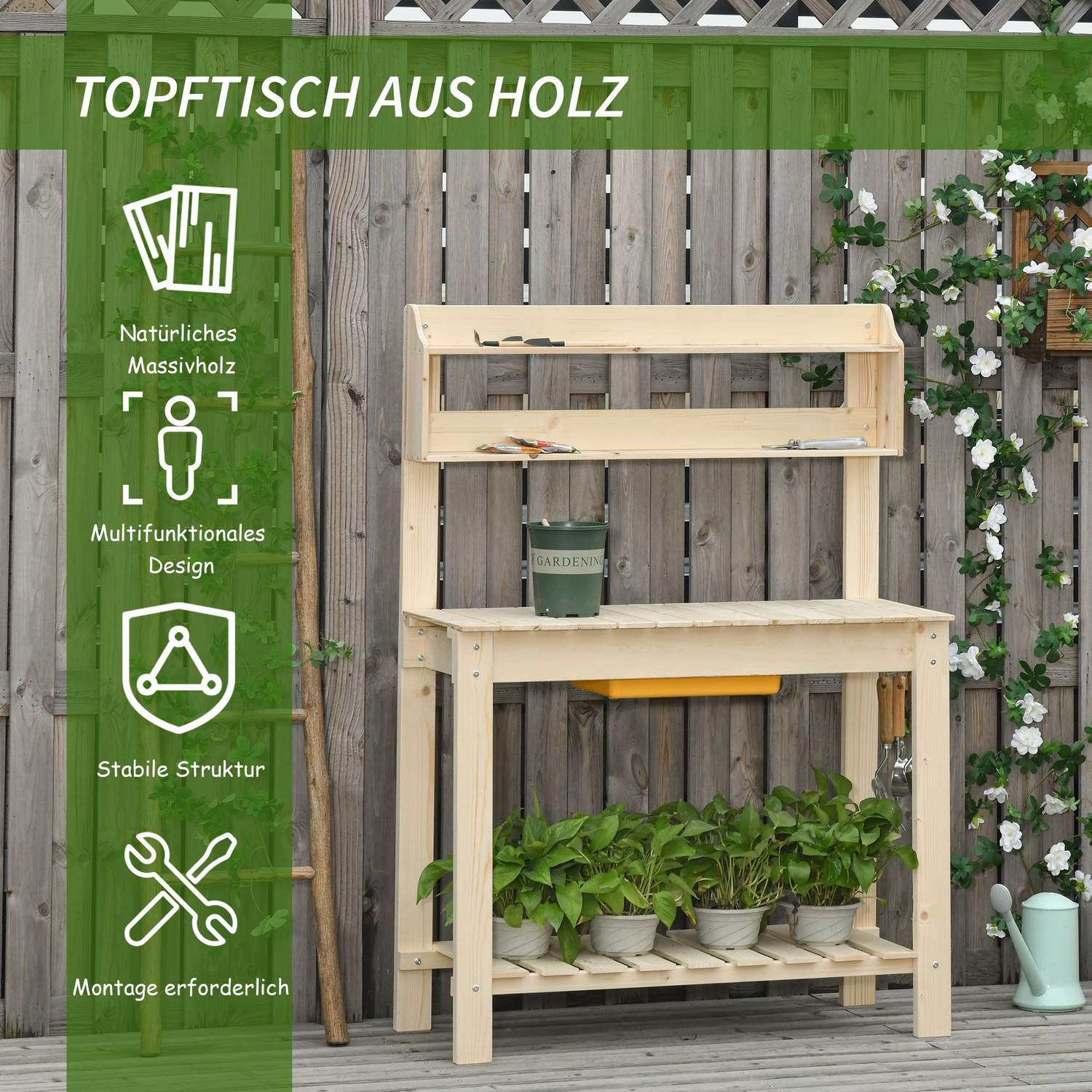 Justerbart granträ trädgårdsbord med krokar – 100x40x140 cm
