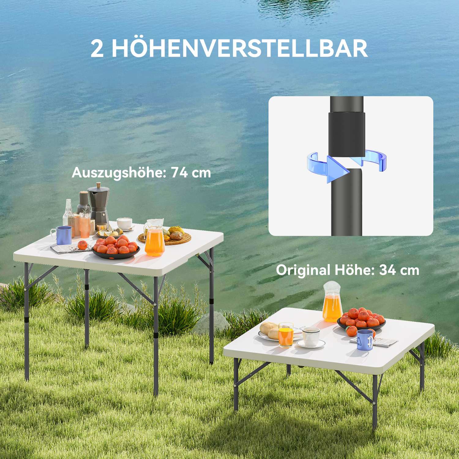 Nastavitelný skládací piknikový stůl, plast a kov, bílý