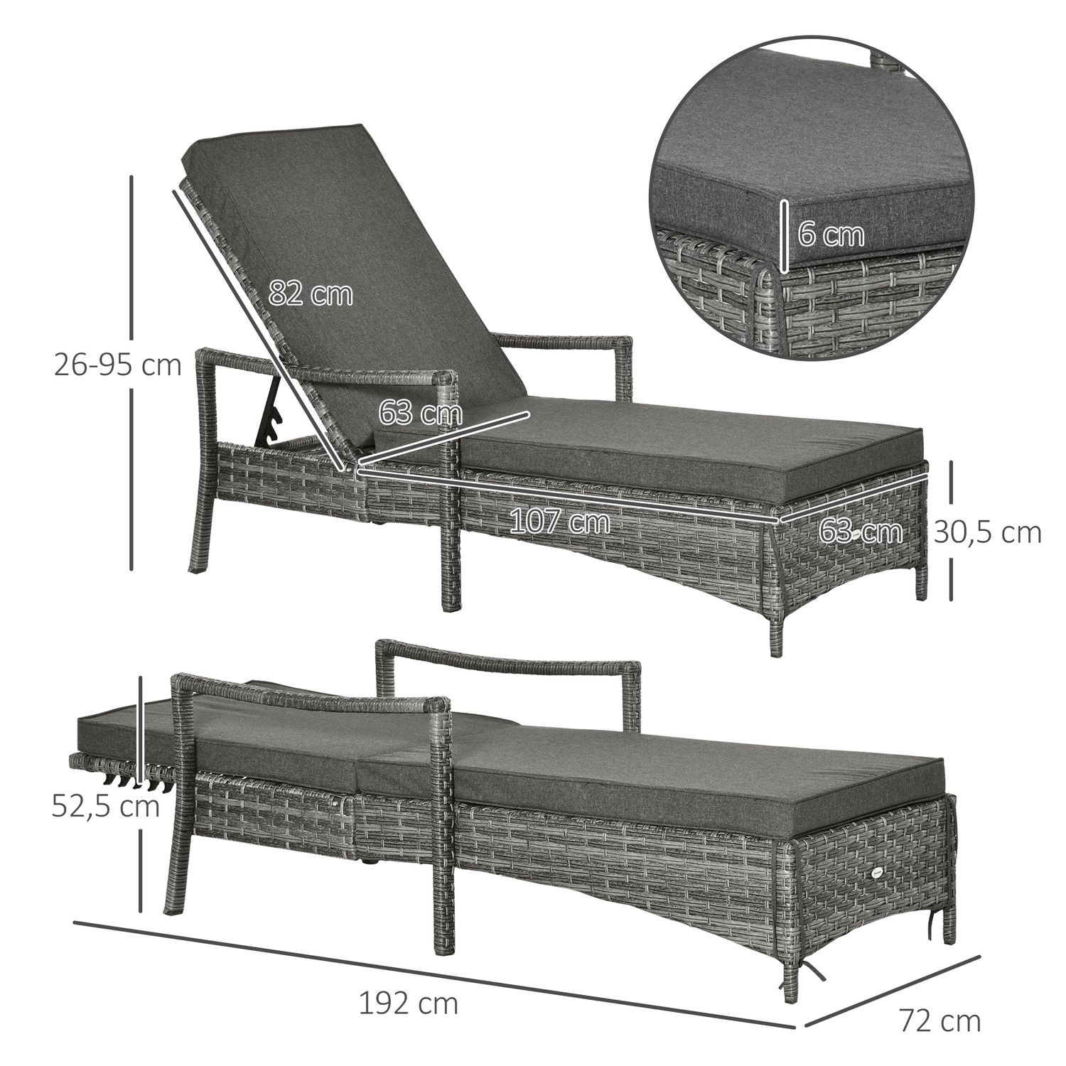 Justerbar trädgårdsstol i rotting med dyna, Grå, 192 cm
