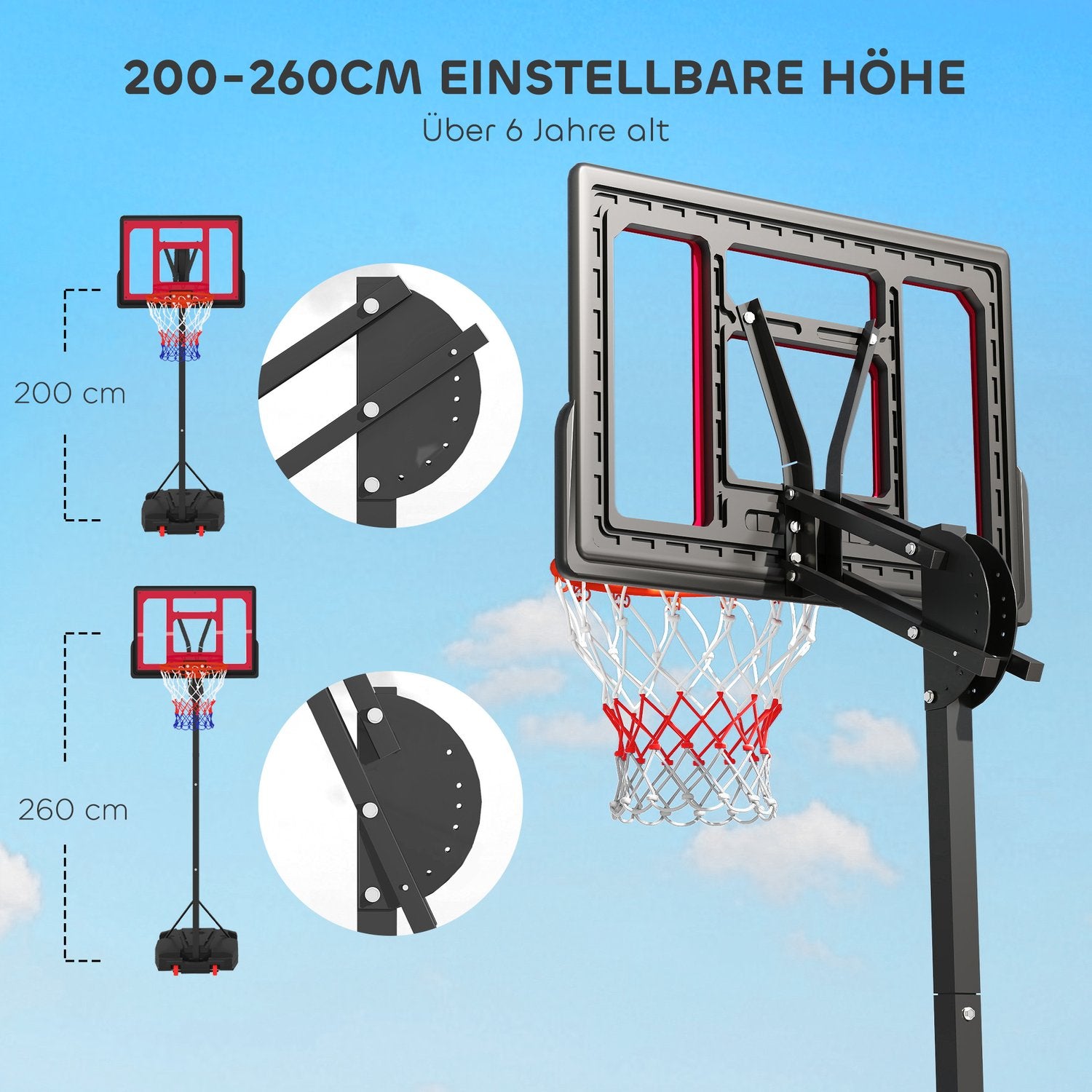 Nastavitelný venkovní basketbalový koš pro děti, 200–260 cm