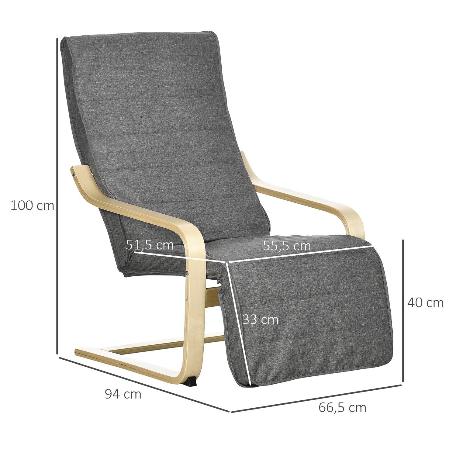 Justerbar vilstol, björkträ, grå linnelook