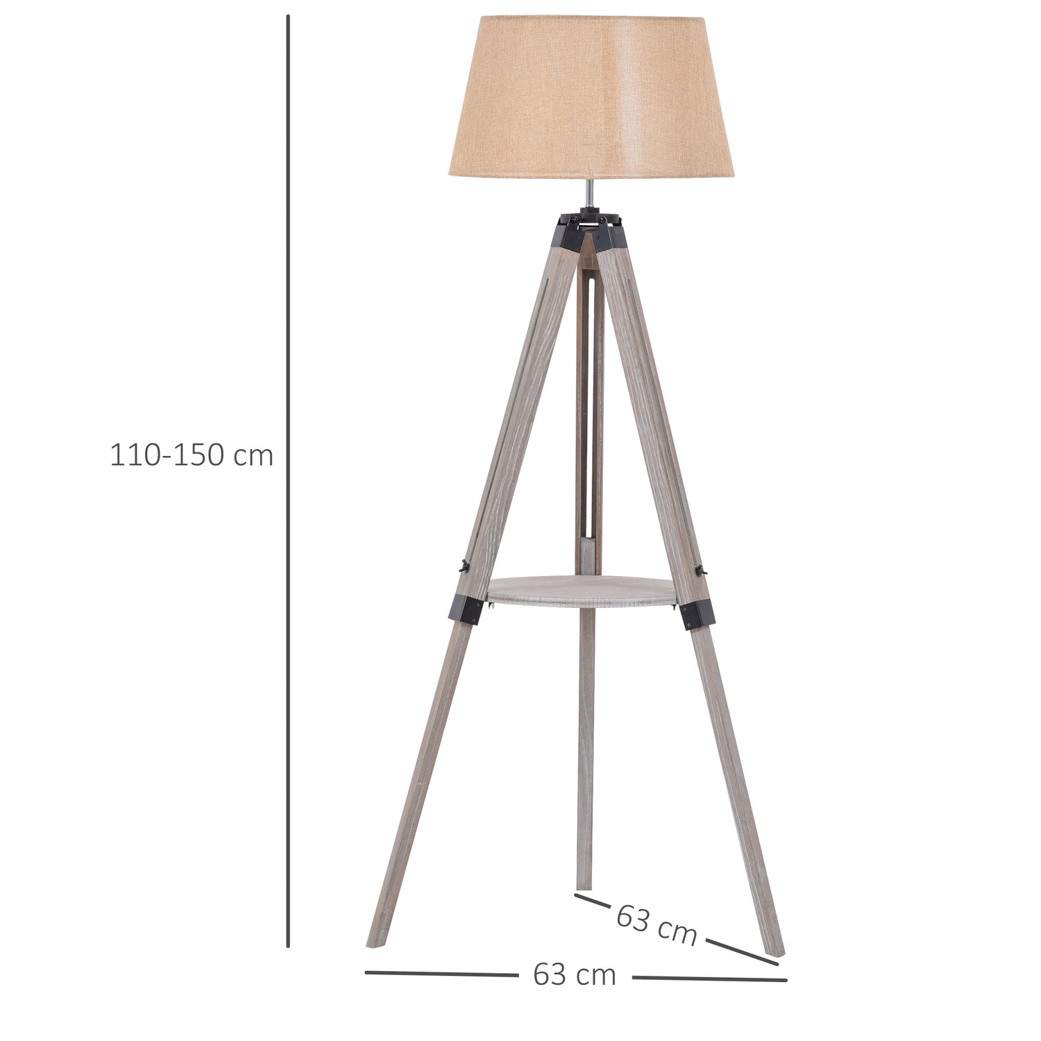 Justerbar vintage golvlampa med hylla, stål & bomull