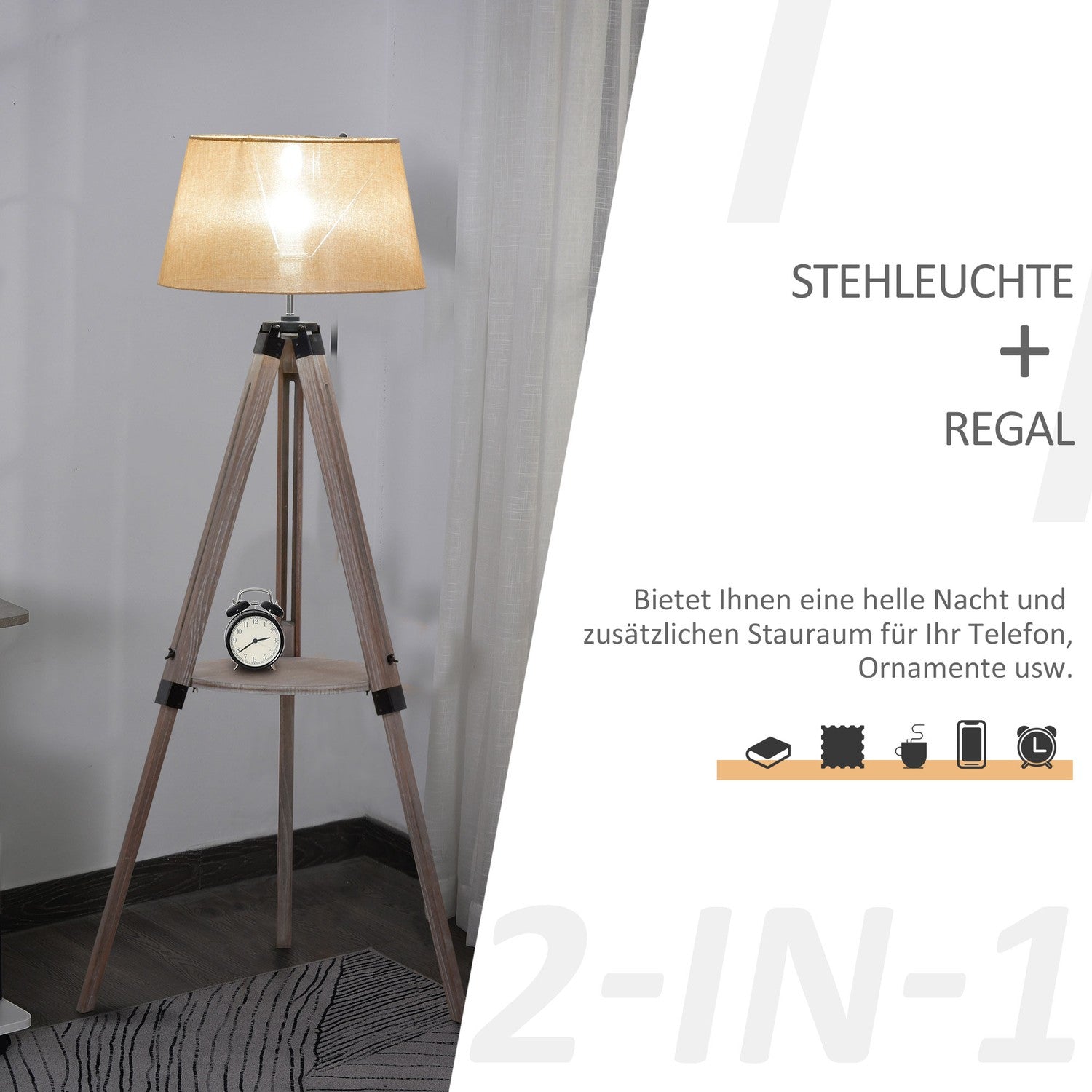 Justerbar vintage golvlampa med hylla, stål & bomull