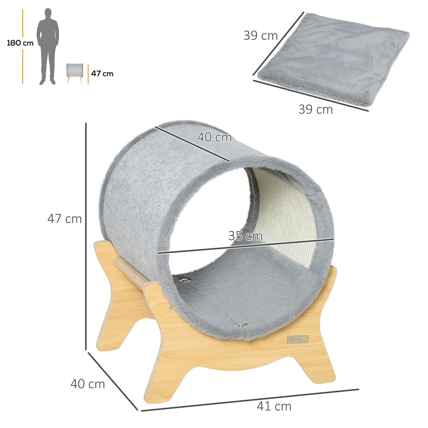 Kattgrotta med hylla & skrapdyna, Grå, 41x40x47 Cm