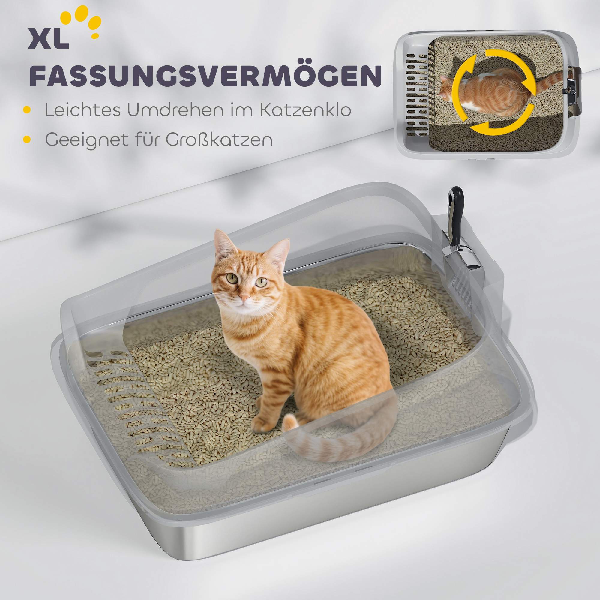 Kattlåda i rostfritt stål med skopa, höga sidor, XL
