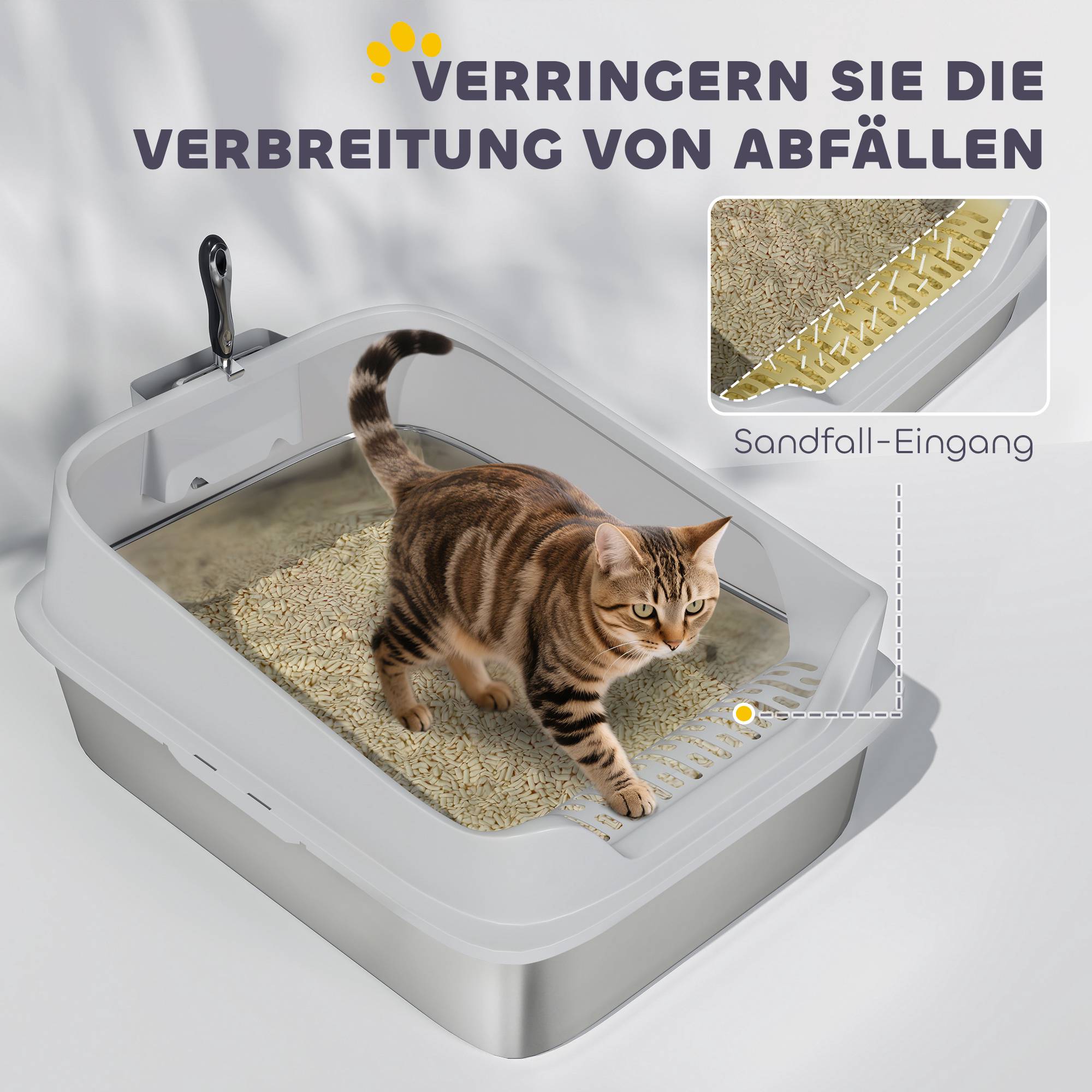 Kattlåda i rostfritt stål med skopa, höga sidor, XXL