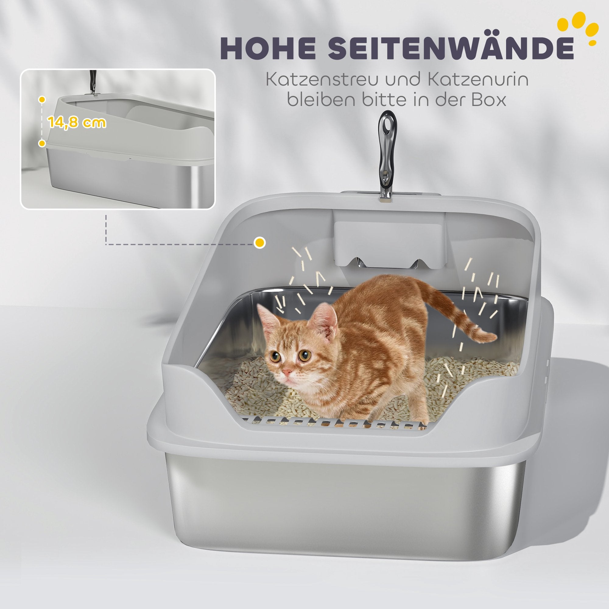 Kattlåda i rostfritt stål med skopa, höga sidor, XXL