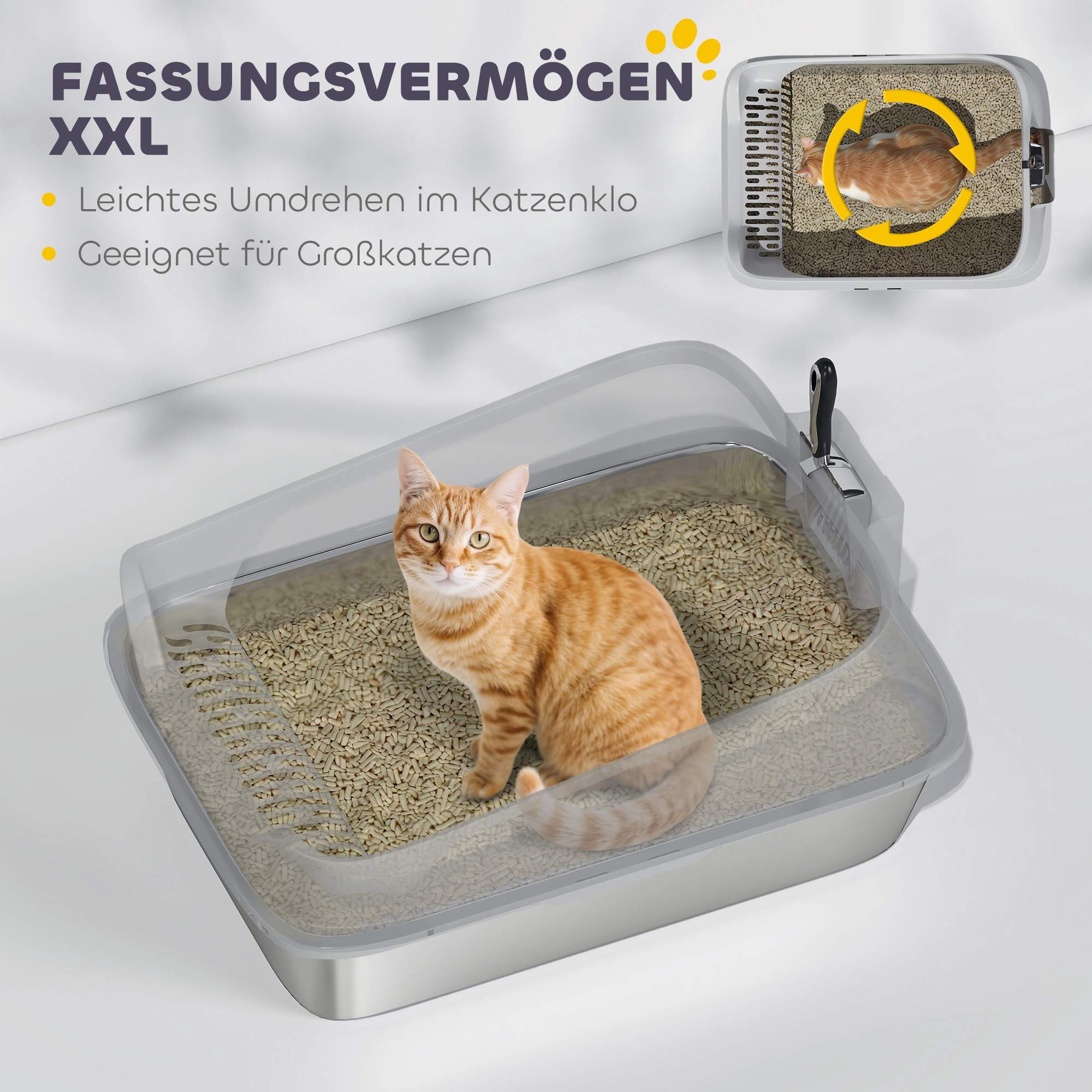 Kattlåda i rostfritt stål med skopa, höga sidor, XXL